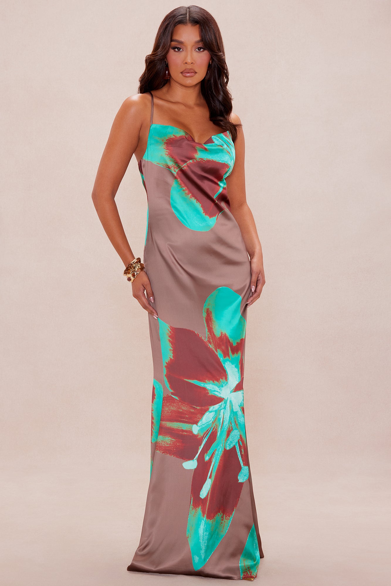 Naia Satin Maxi Dress - Brown/combo
