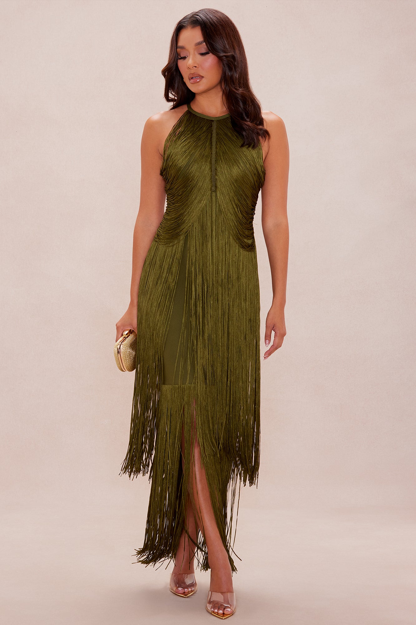 Nolana Fringe Maxi Gown - Olive