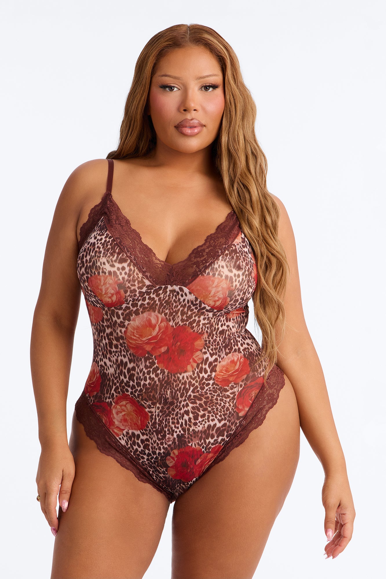 Midnight Magnolia Floral Crotchless Mesh Teddy - Brown/combo