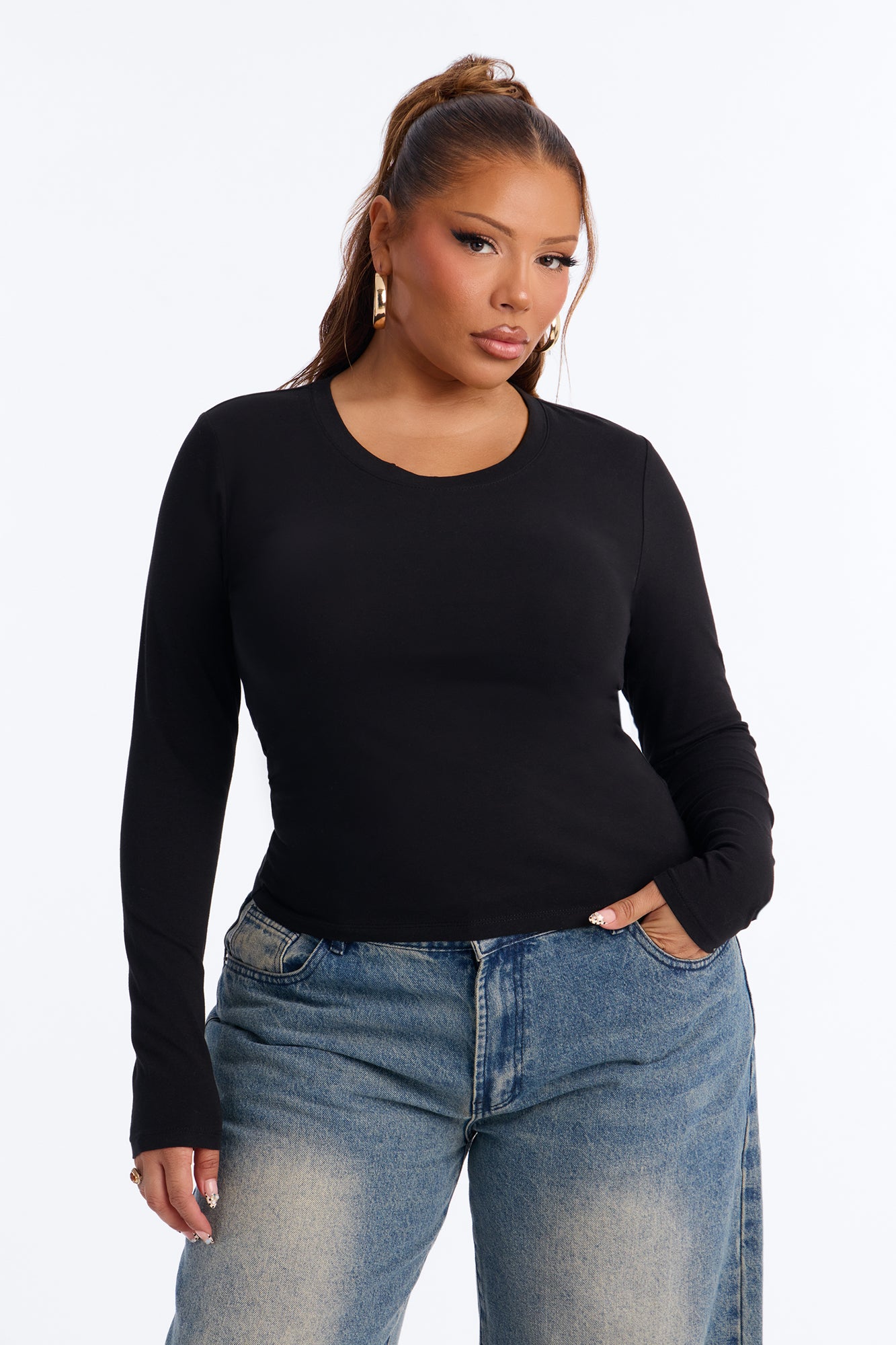 Elise Round Neck Long Sleeve Top - Black