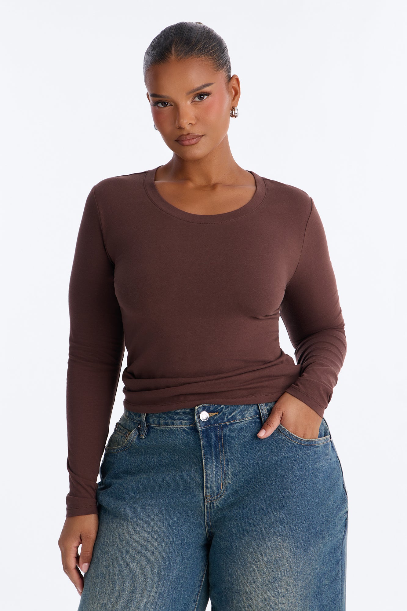 Elise Round Neck Long Sleeve Top - Mocha