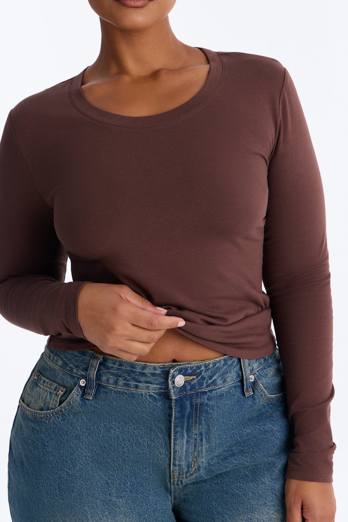 Elise Round Neck Long Sleeve Top - Mocha