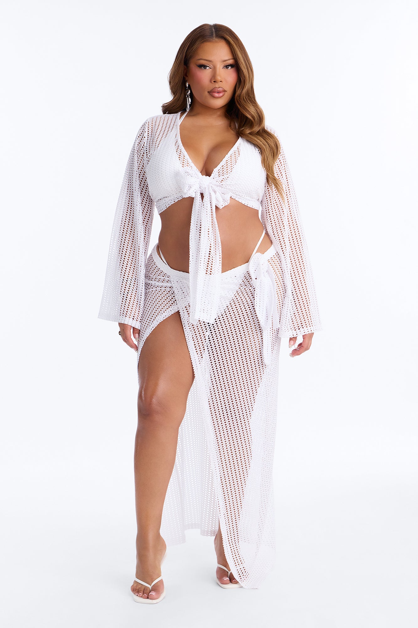 Island Breeze Crochet Fishnet Cover Up Sarong Skirt Set - White