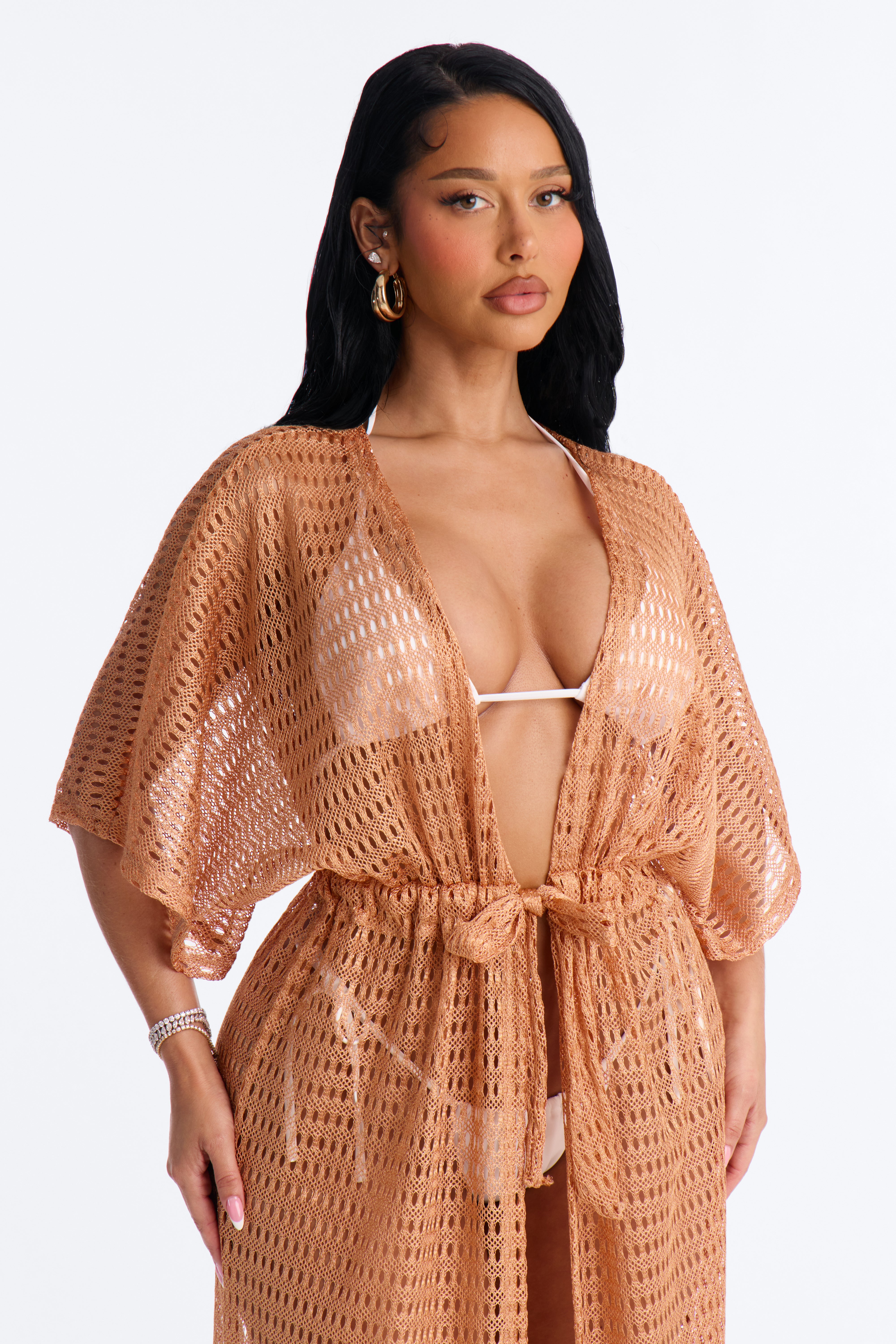 Sunny Shores Metallic Cover Up Maxi Kimono - Bronze