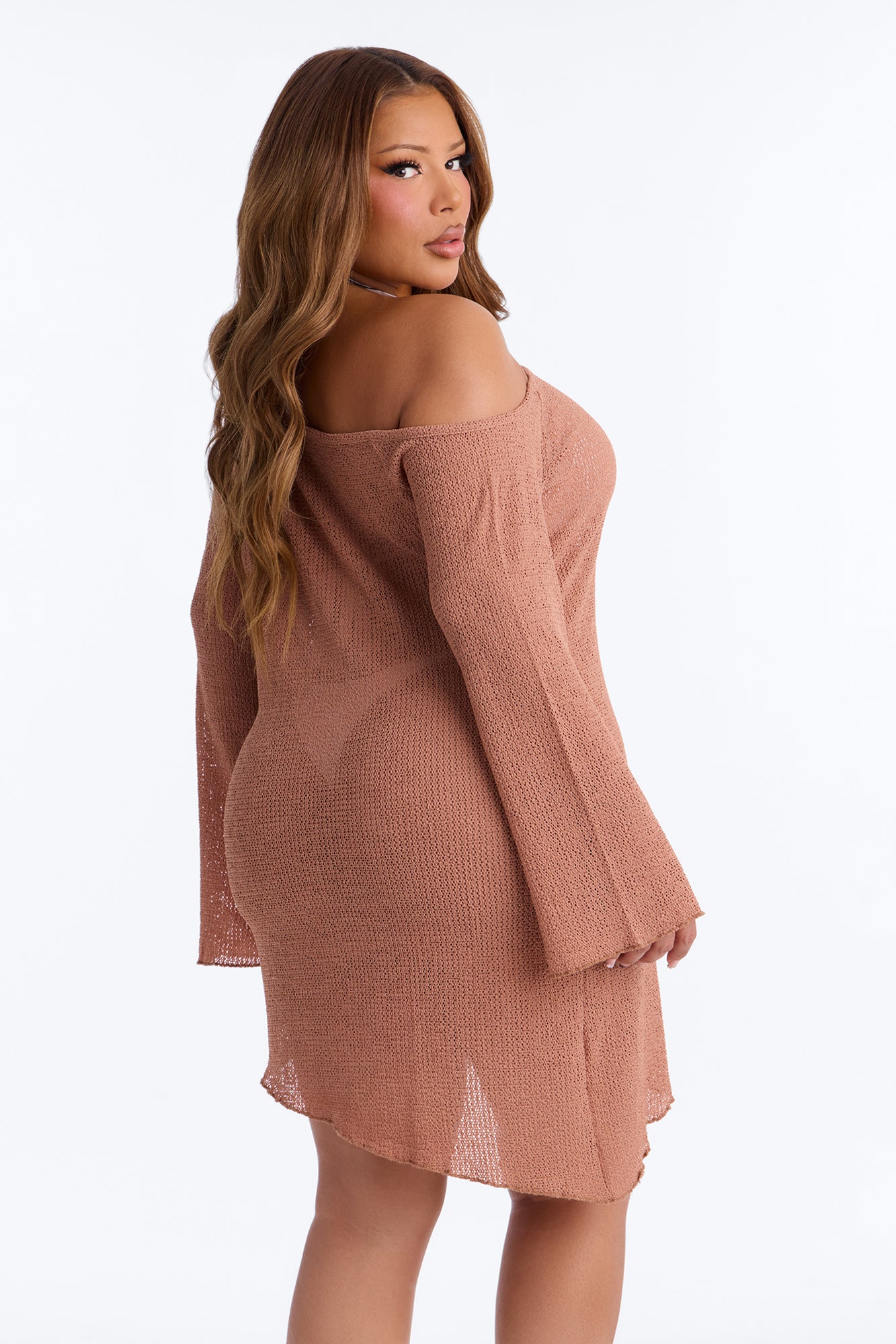Ocean Breeze Knit Off Shoulder Cover Up Dress - Mocha