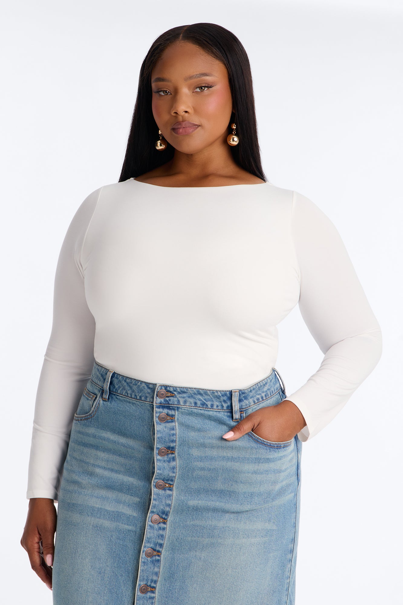 Mallory Long Sleeve Boat Neck Baby Tee - Off White