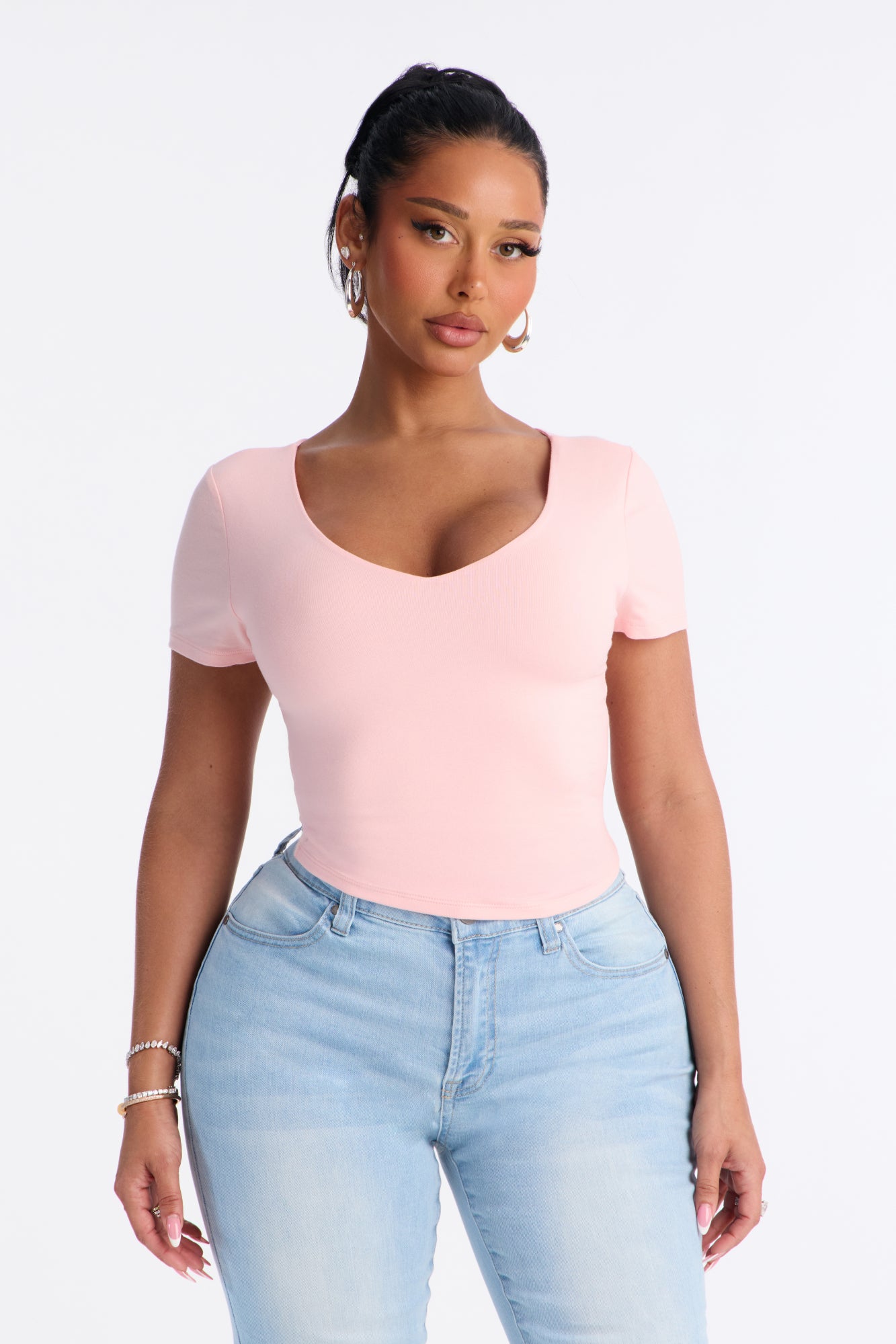 Sophia Double Layer V Neck Baby Tee - Light Pink