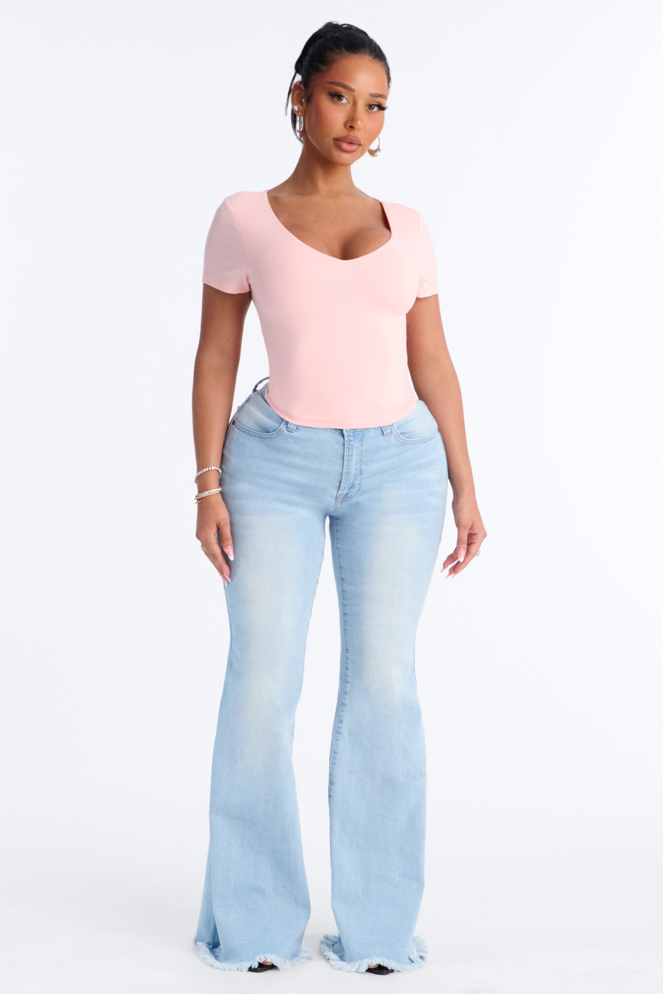 Sophia Double Layer V Neck Baby Tee - Light Pink
