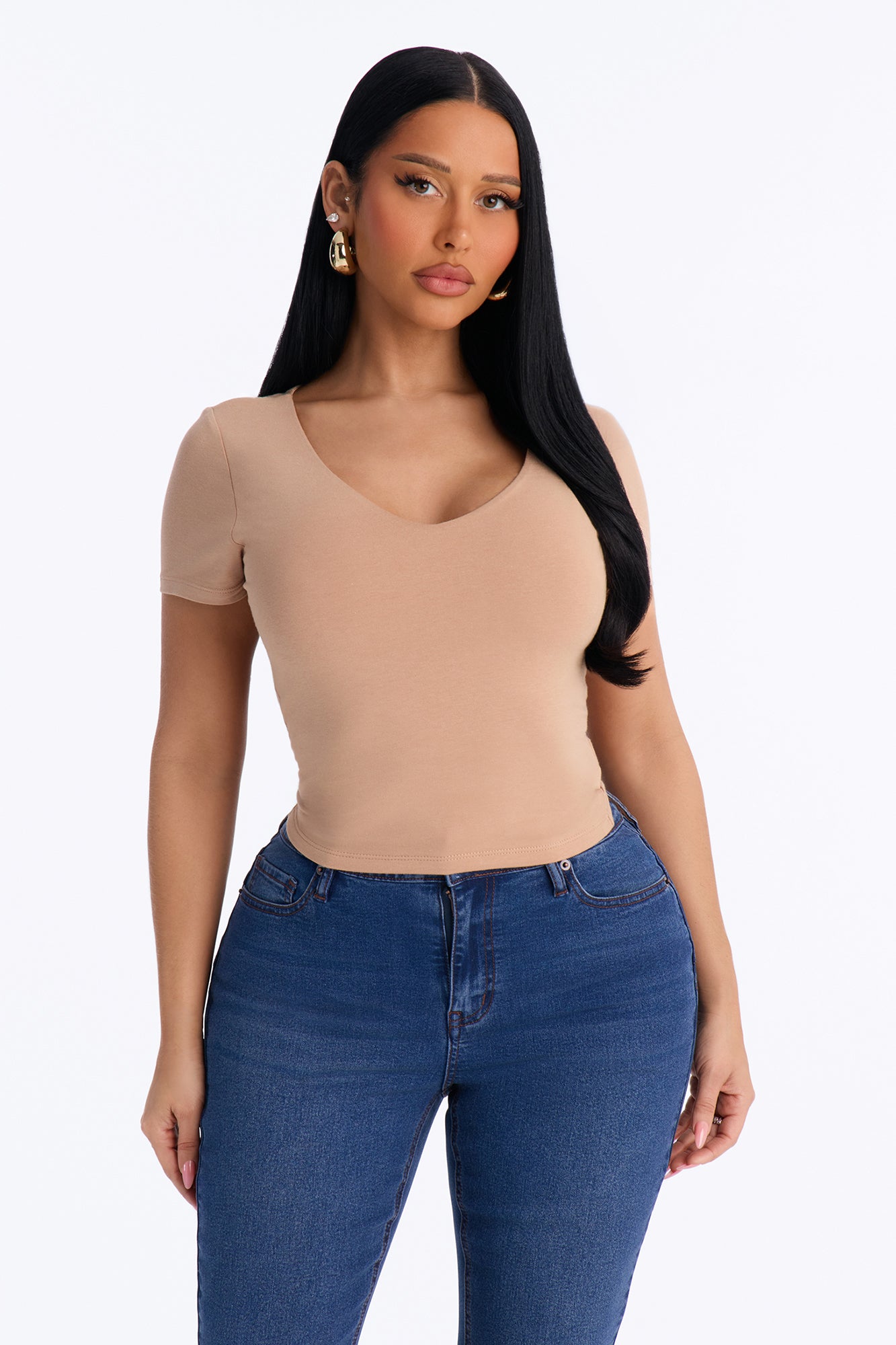 Sophia Double Layer V Neck Baby Tee - Mocha