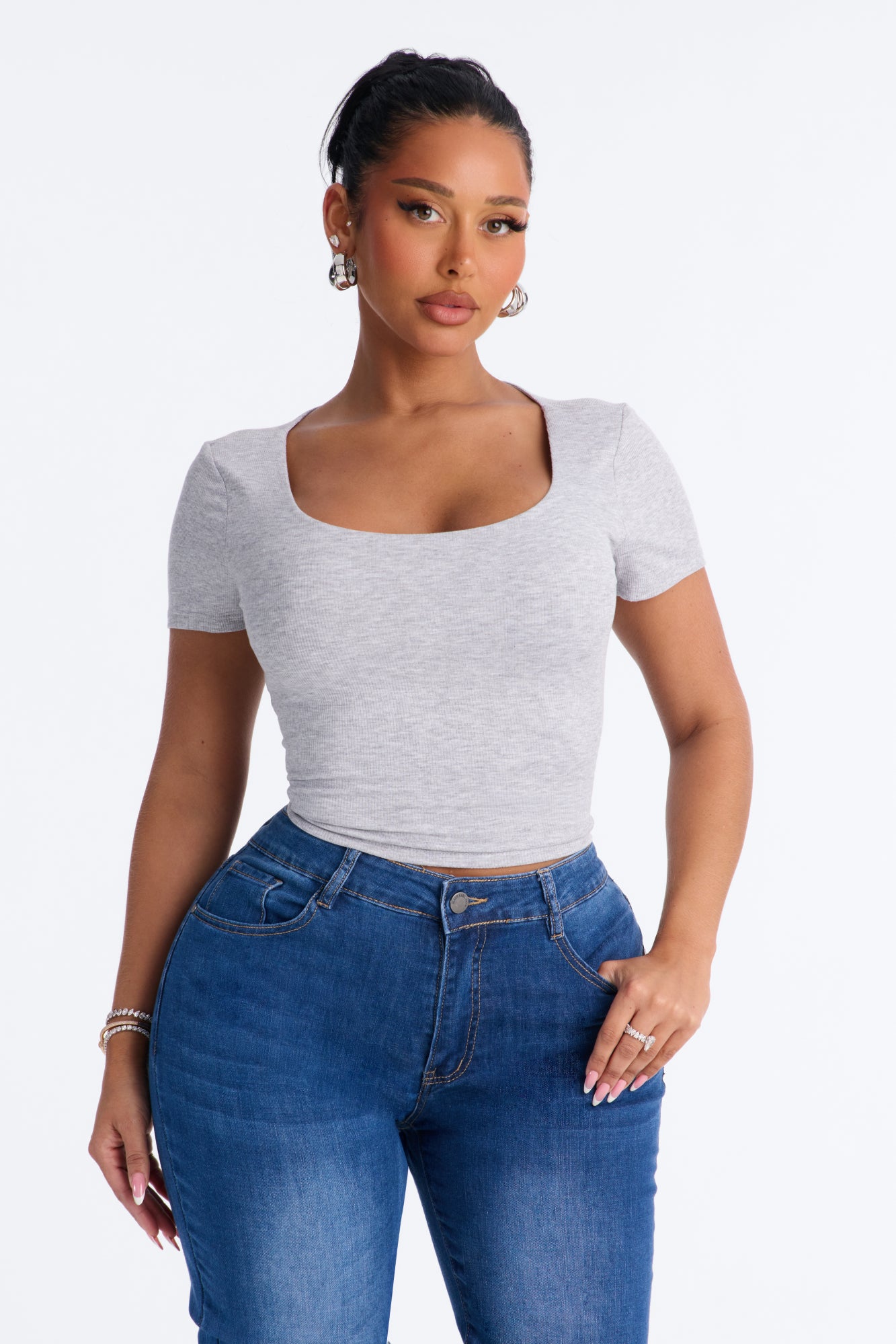 Chelsea Double Layered Scoop Neck Rib Baby Tee - Heather Grey