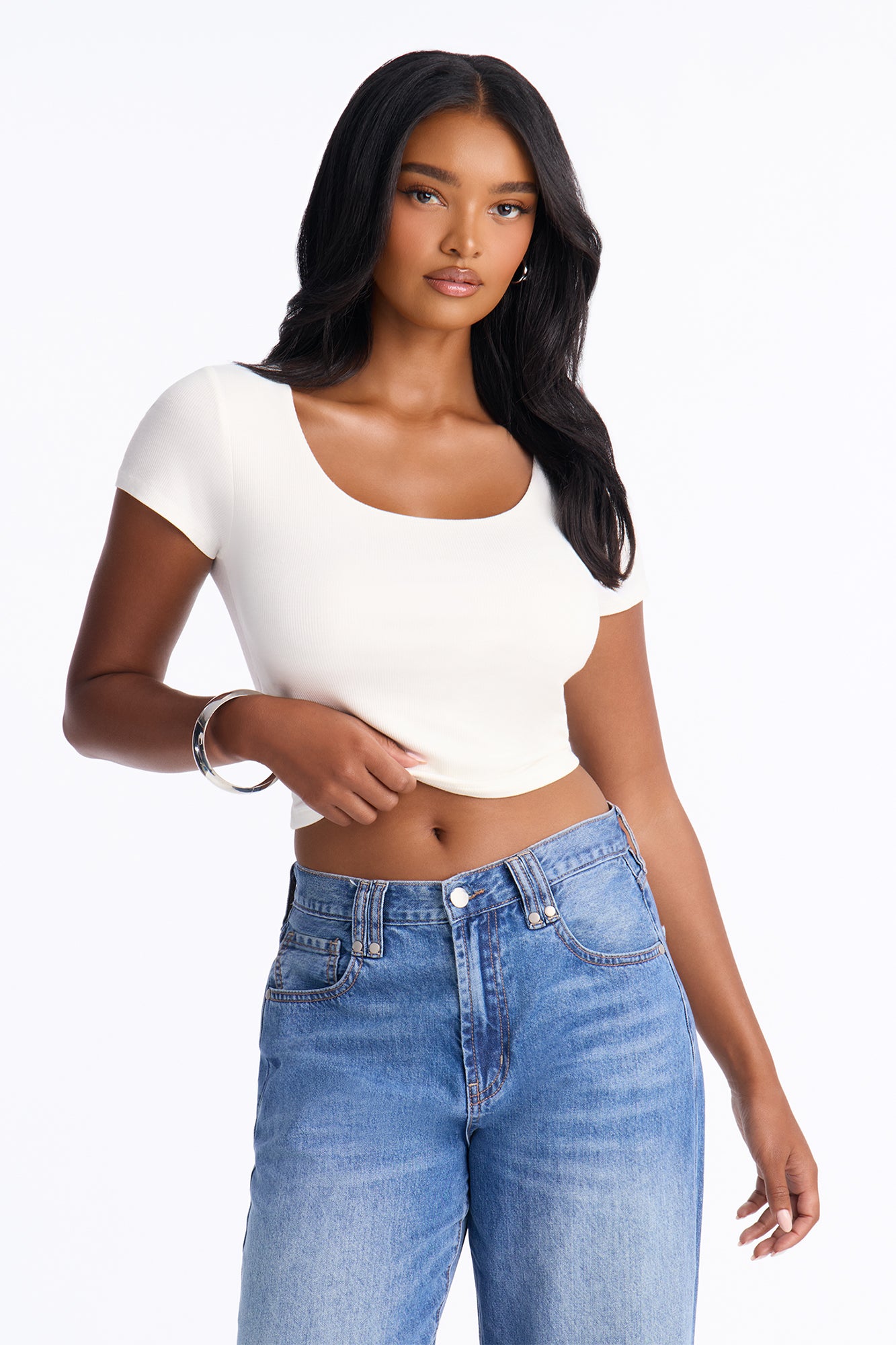 Chelsea Double Layered Scoop Neck Rib Baby Tee - Off White