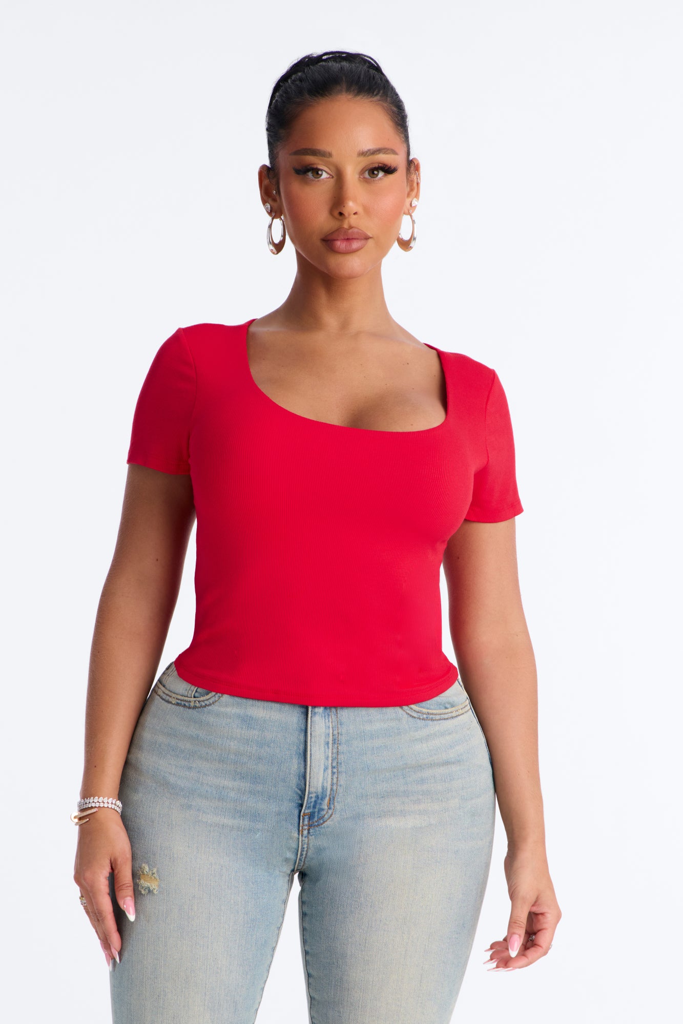 Chelsea Double Layered Scoop Neck Rib Baby Tee - Red