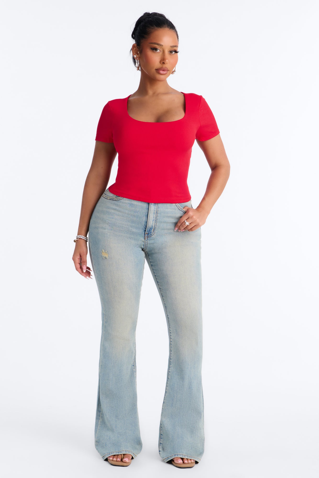 Chelsea Double Layered Scoop Neck Rib Baby Tee - Red