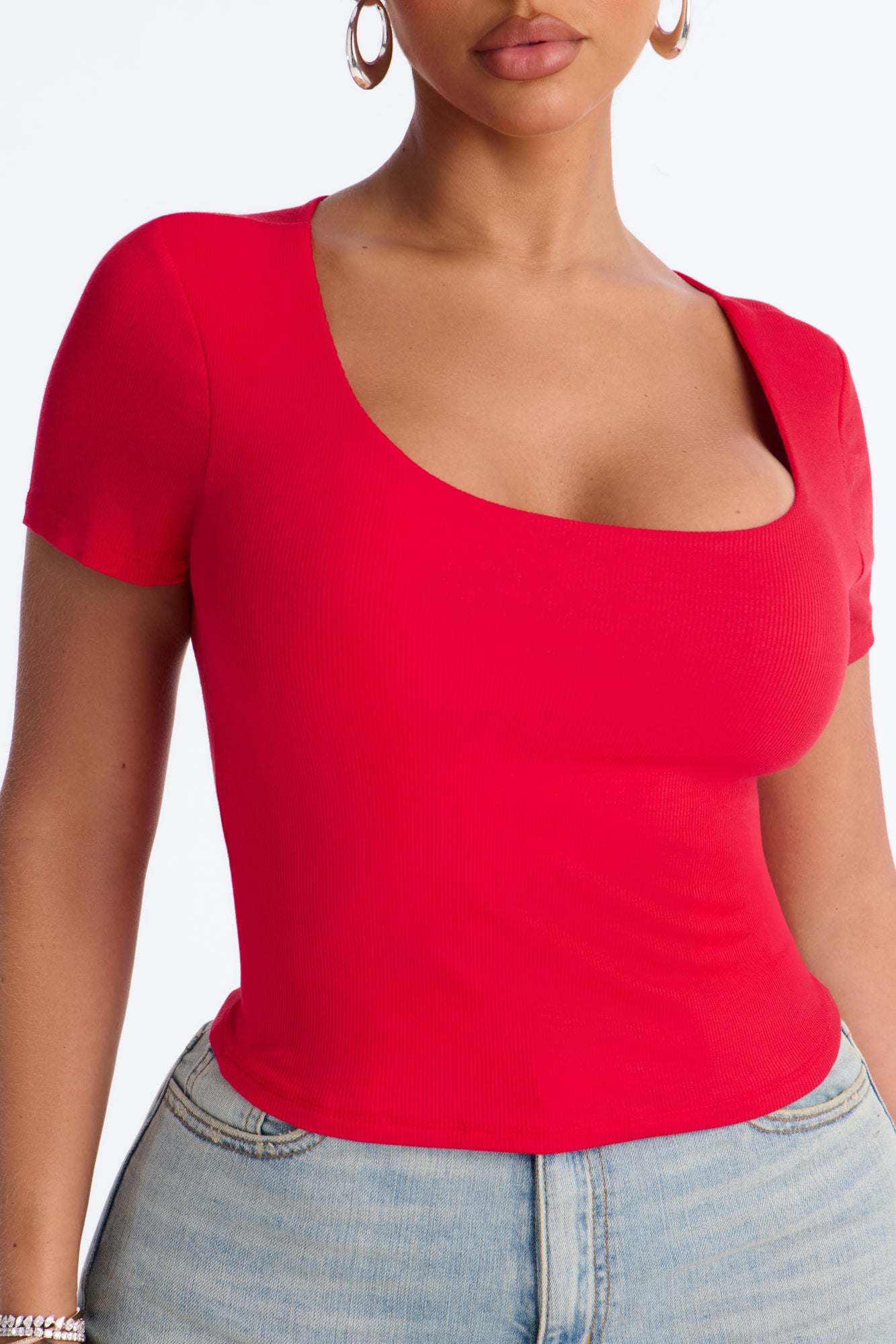 Chelsea Double Layered Scoop Neck Rib Baby Tee - Red