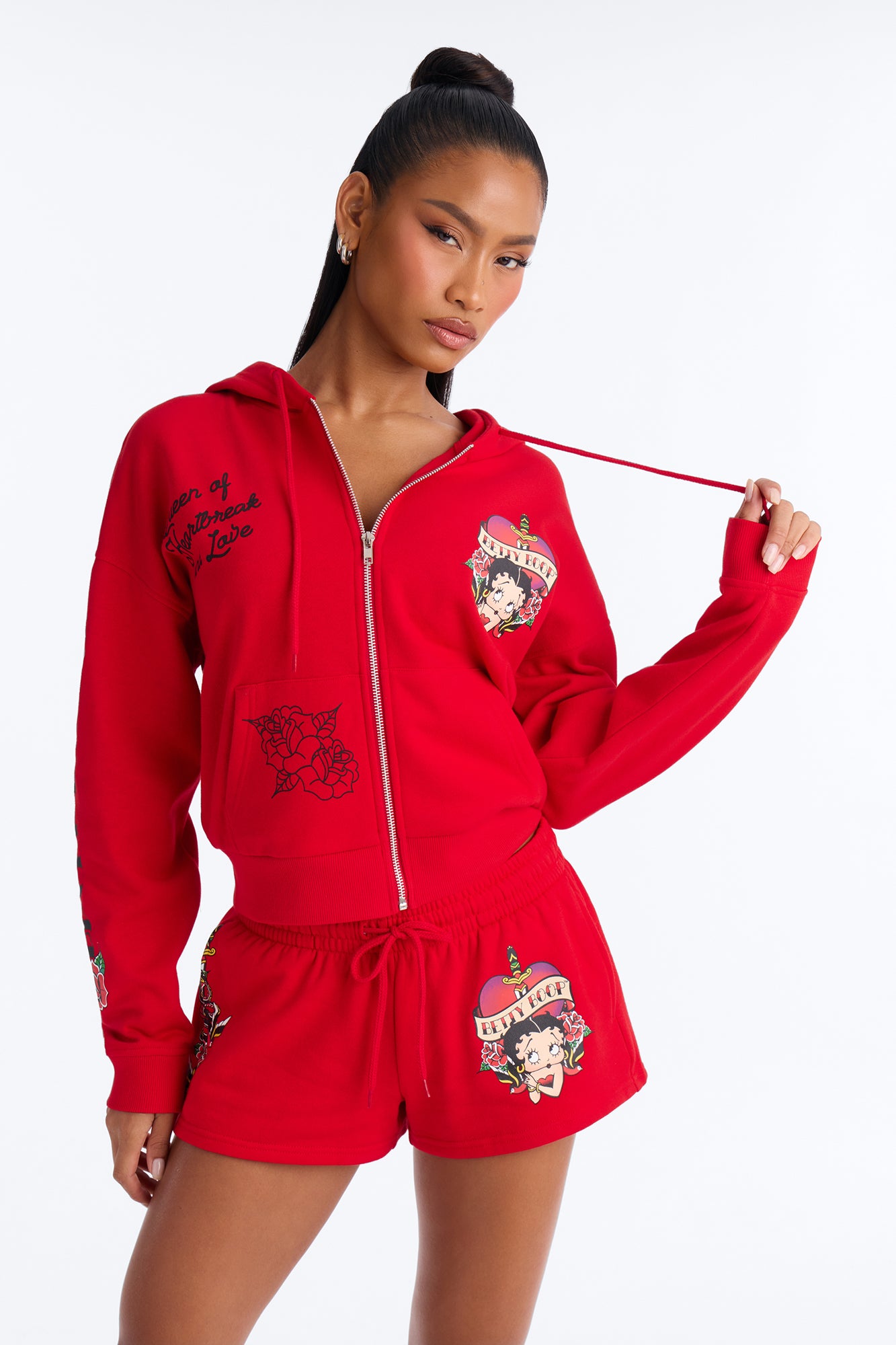 Betty Boop Tattoo Zip Up Crop Sweatshirt - Red