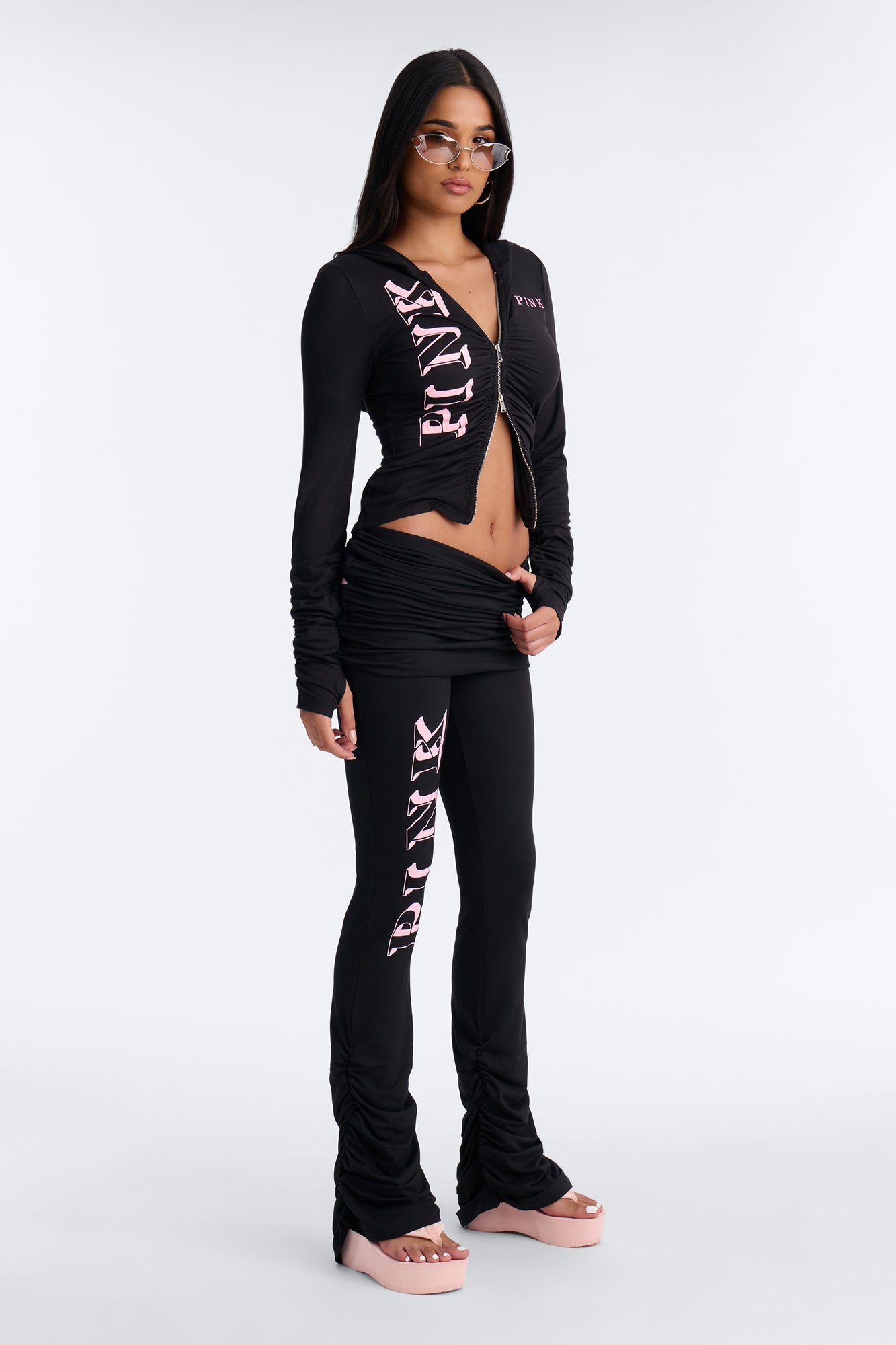 PINK London Ruched Zip-Up Sweatshirt - Black