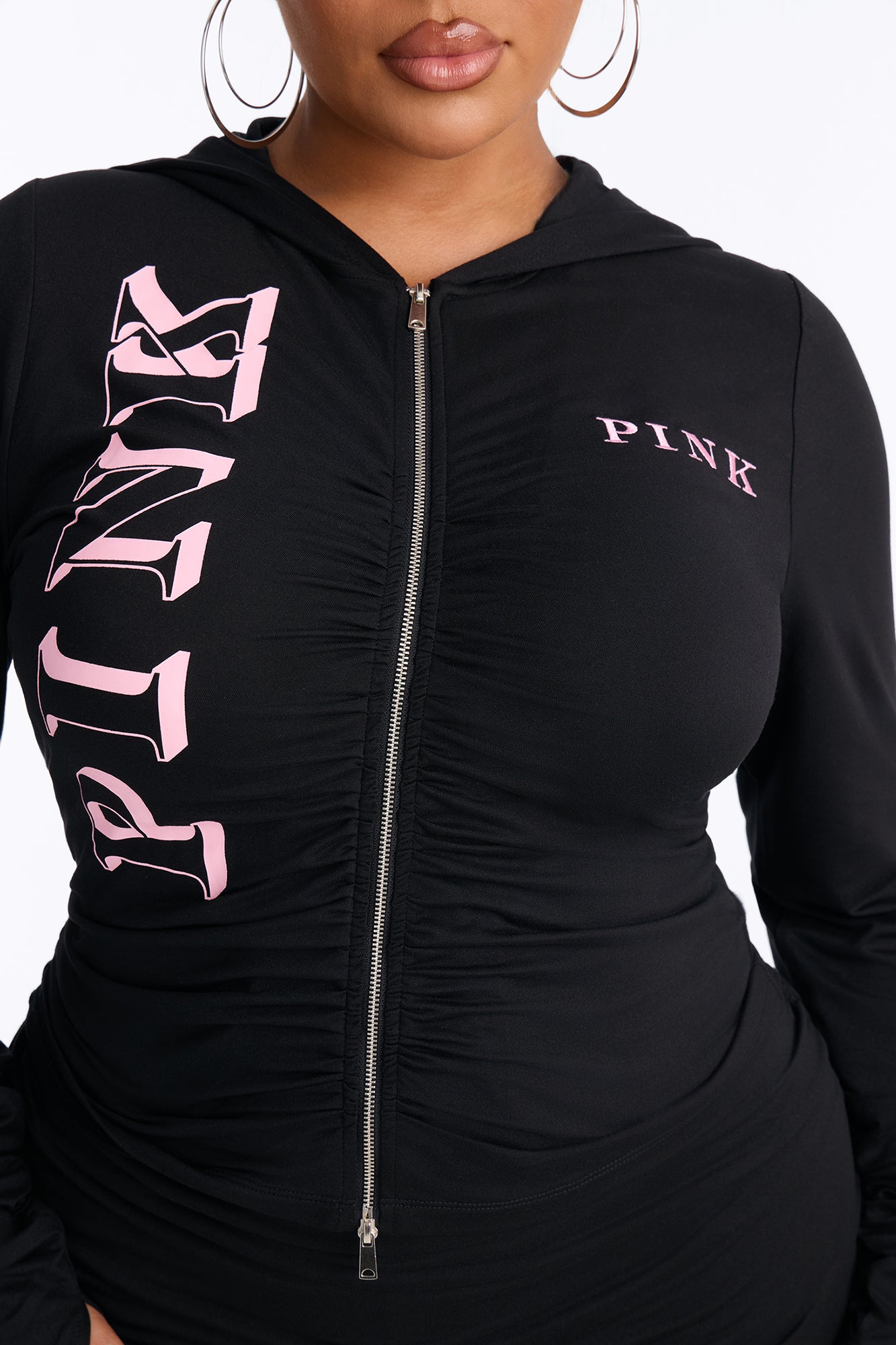 PINK London Ruched Zip-Up Sweatshirt - Black