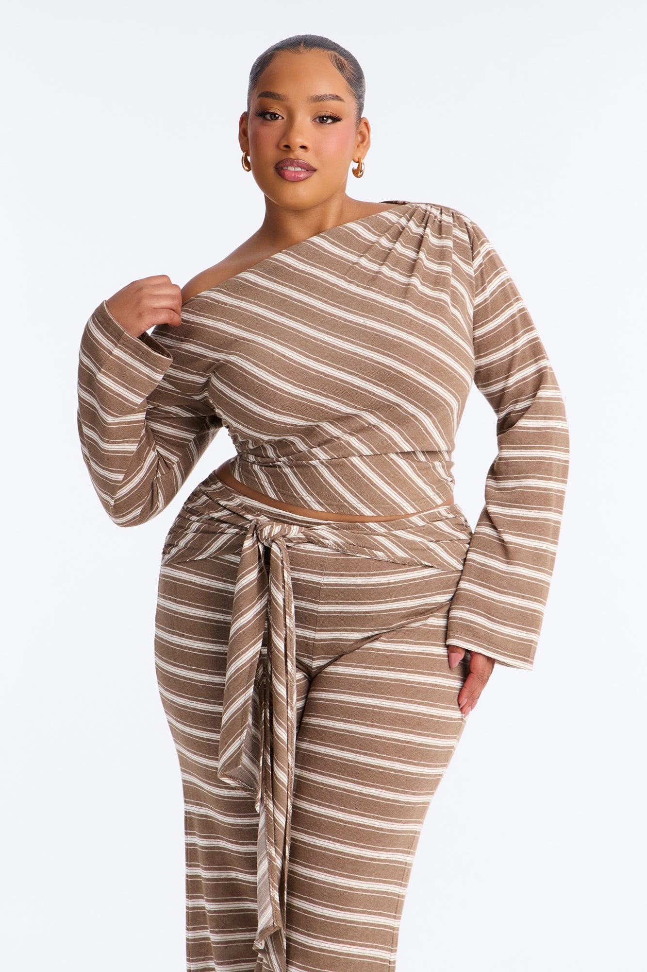 Rebecca Off Shoulder Striped Pant Set - Mocha/combo