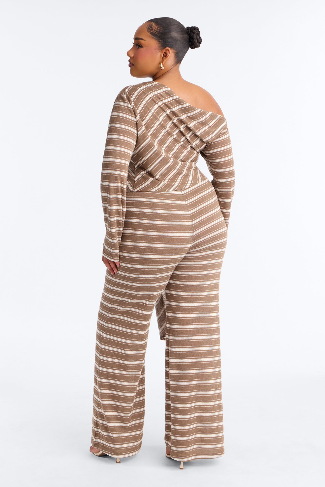 Rebecca Off Shoulder Striped Pant Set - Mocha/combo