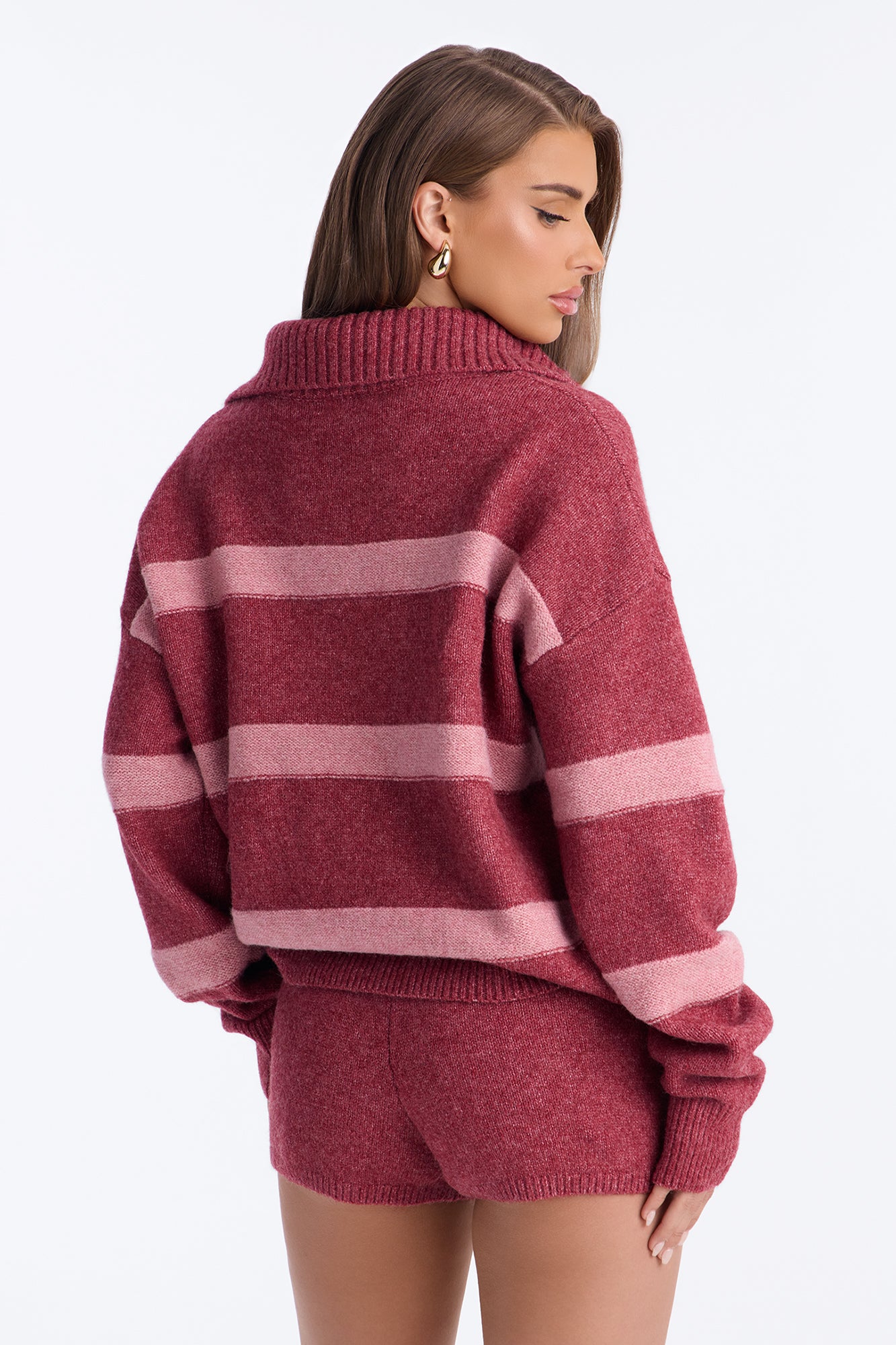 Olivia Striped Sweater Short Set - Burgundy/combo