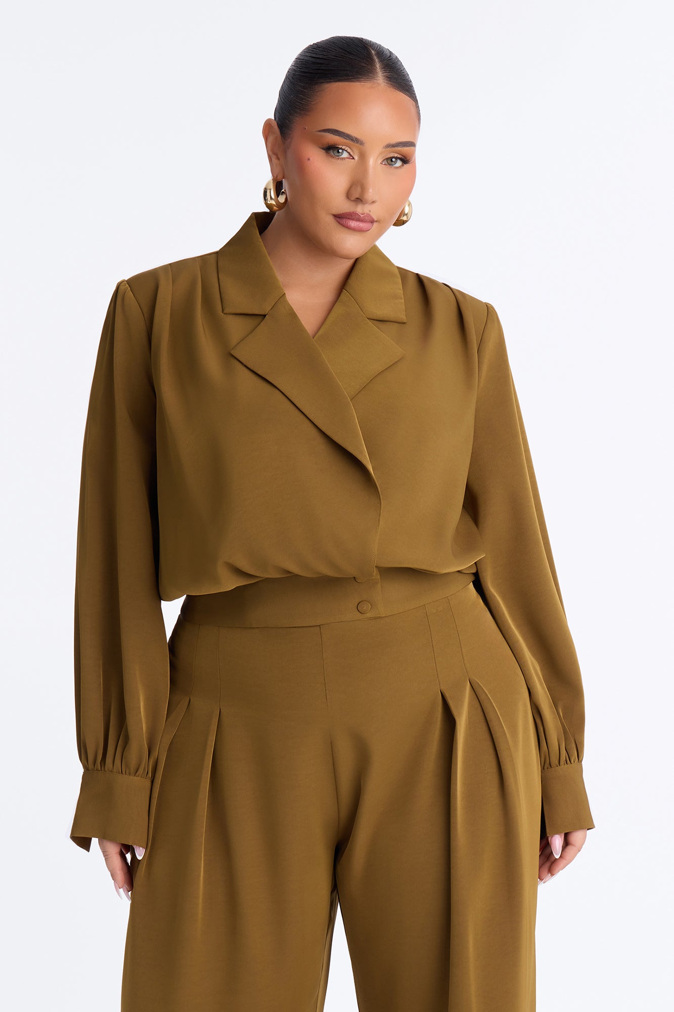 Ozella Pleated Wide Leg Pant Set - Olive