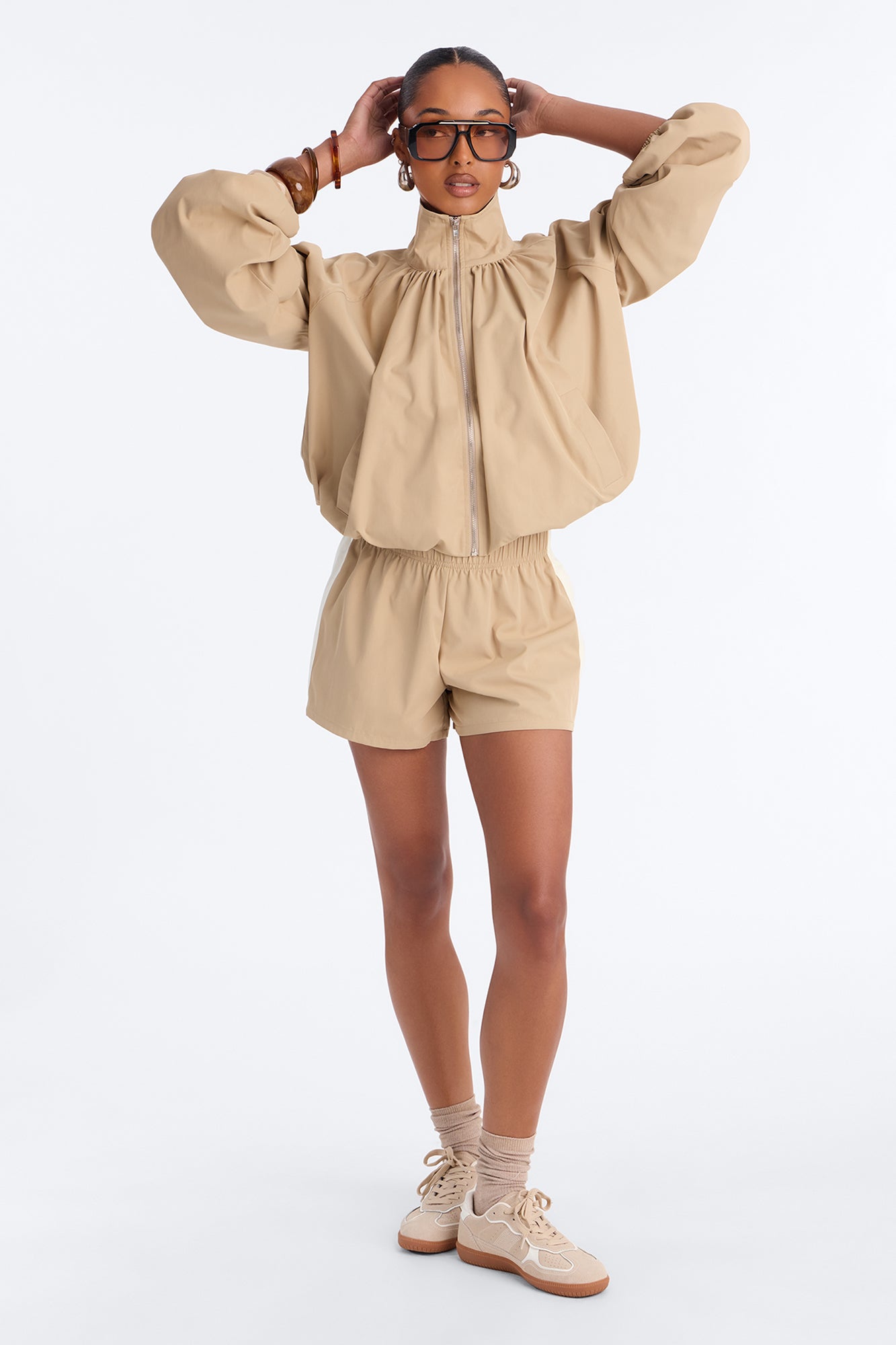 Run With It Track Short Set - Beige
