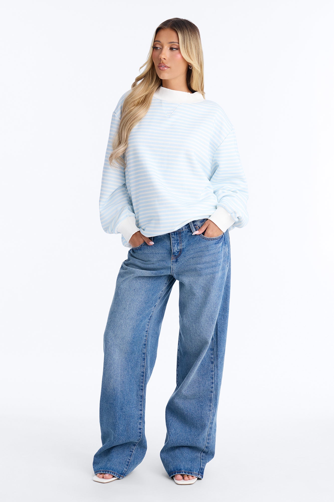 Molly Striped Fleece Mock Neck Hoodie - Light Blue