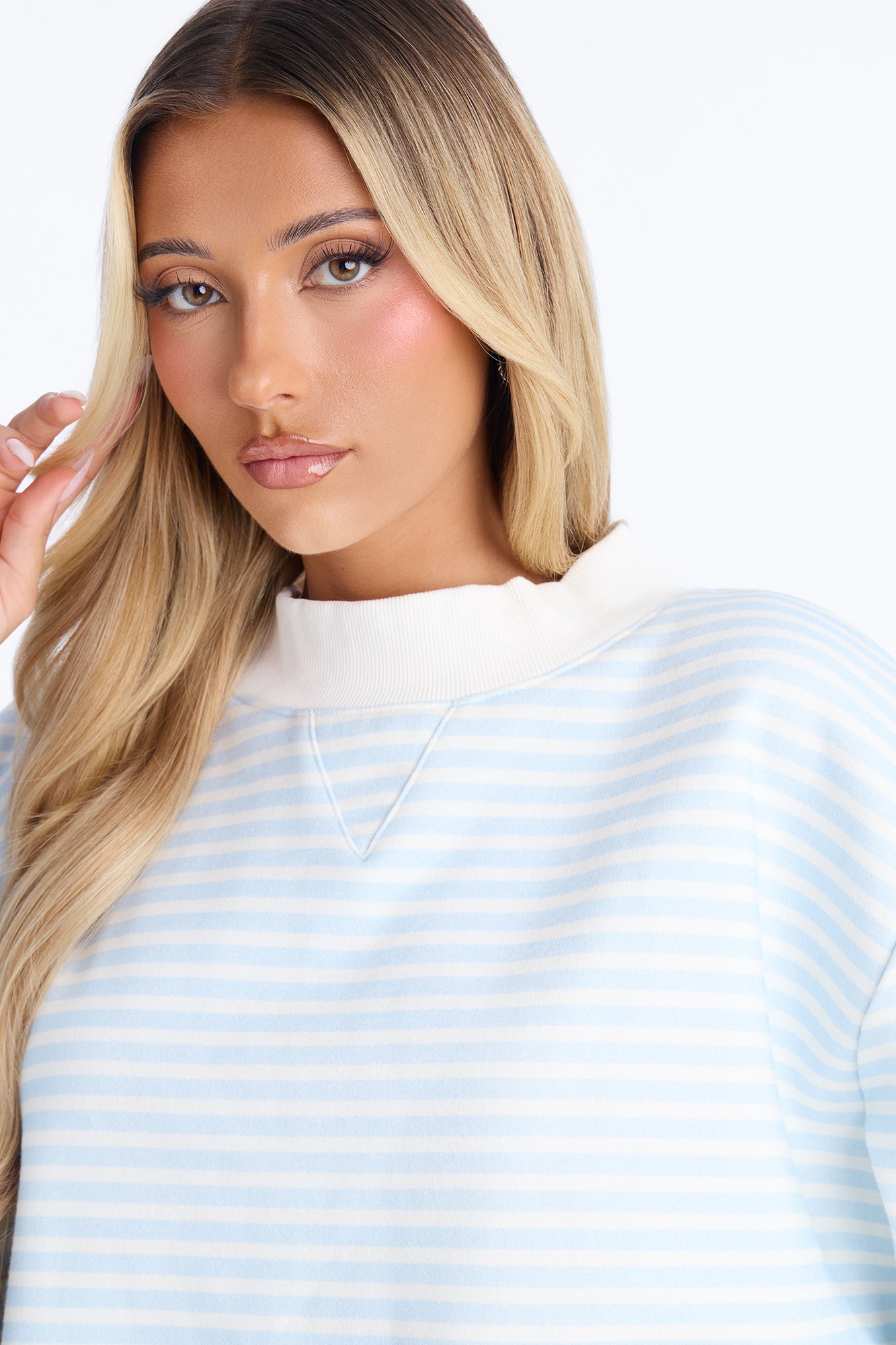 Molly Striped Fleece Mock Neck Hoodie - Light Blue