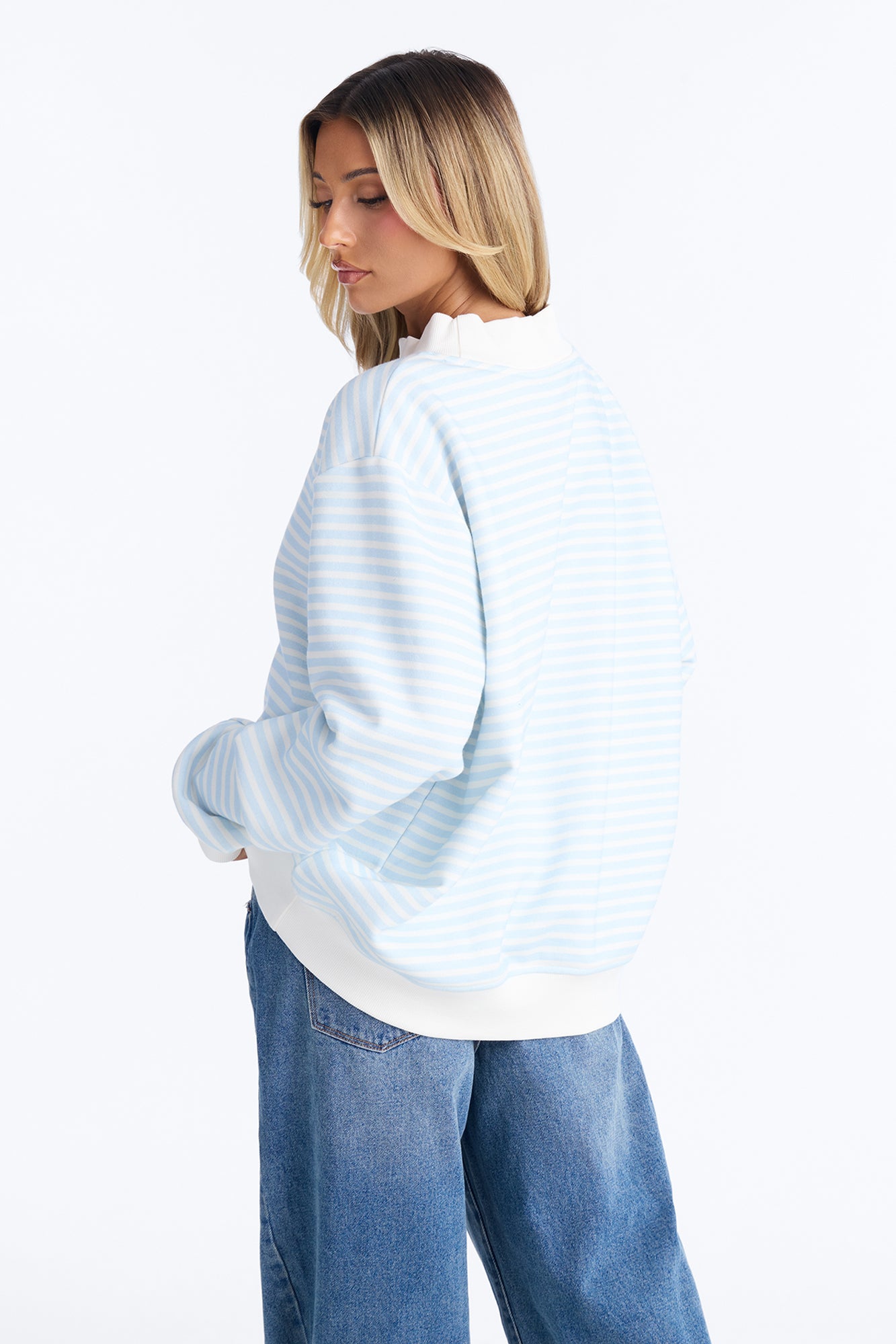 Molly Striped Fleece Mock Neck Hoodie - Light Blue