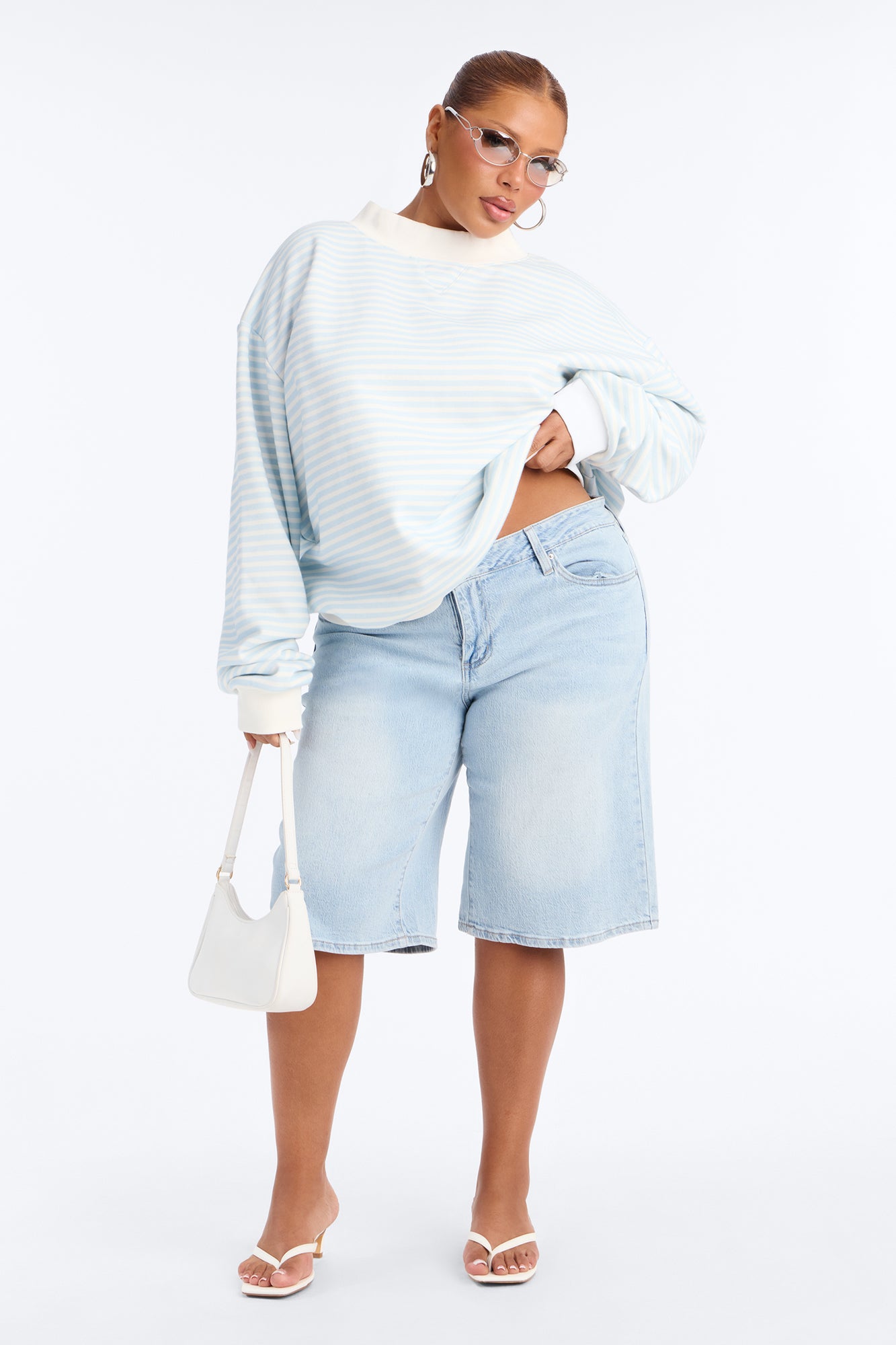 Molly Striped Fleece Mock Neck Hoodie - Light Blue