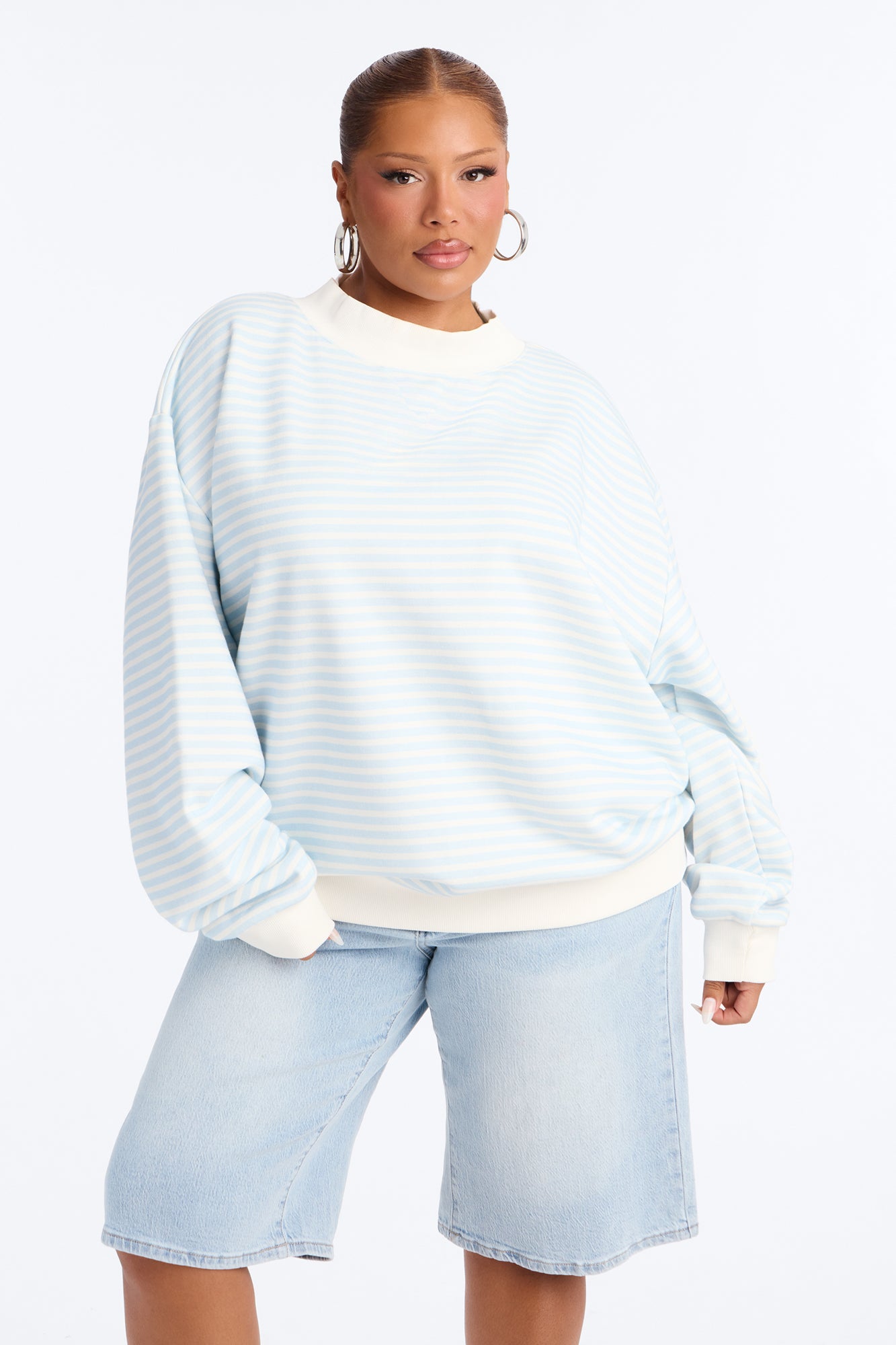 Molly Striped Fleece Mock Neck Hoodie - Light Blue