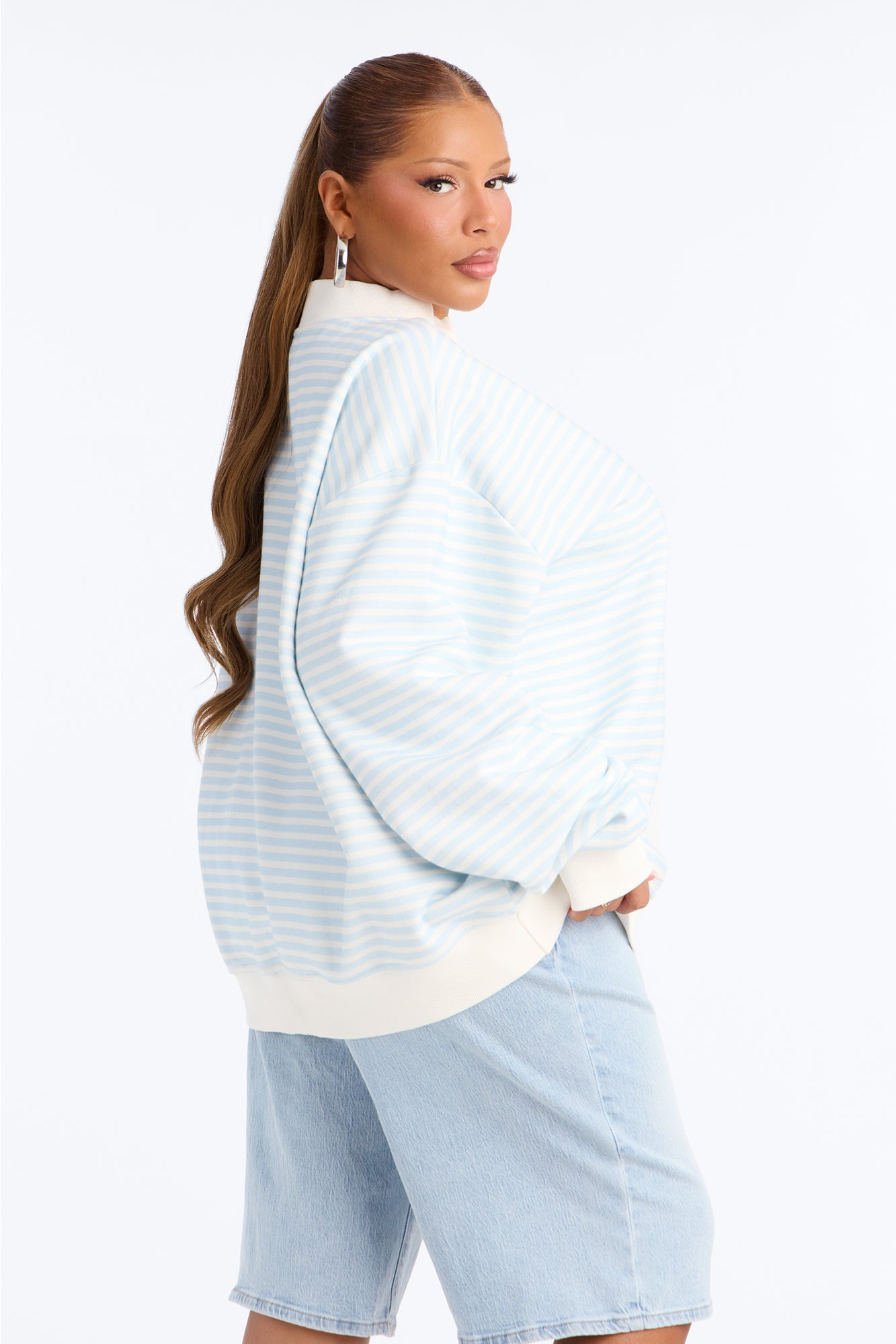 Molly Striped Fleece Mock Neck Hoodie - Light Blue