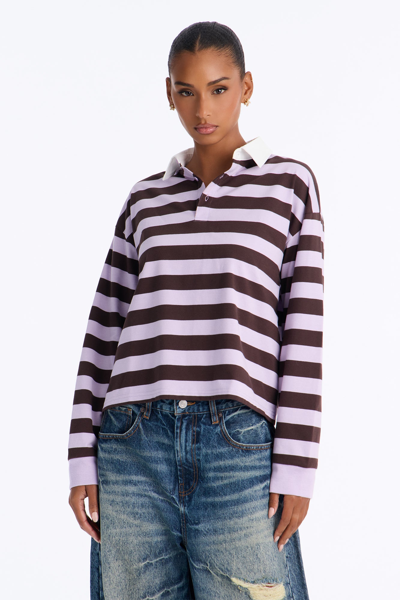 Tara Striped Long Sleeve Polo - Lavender/combo