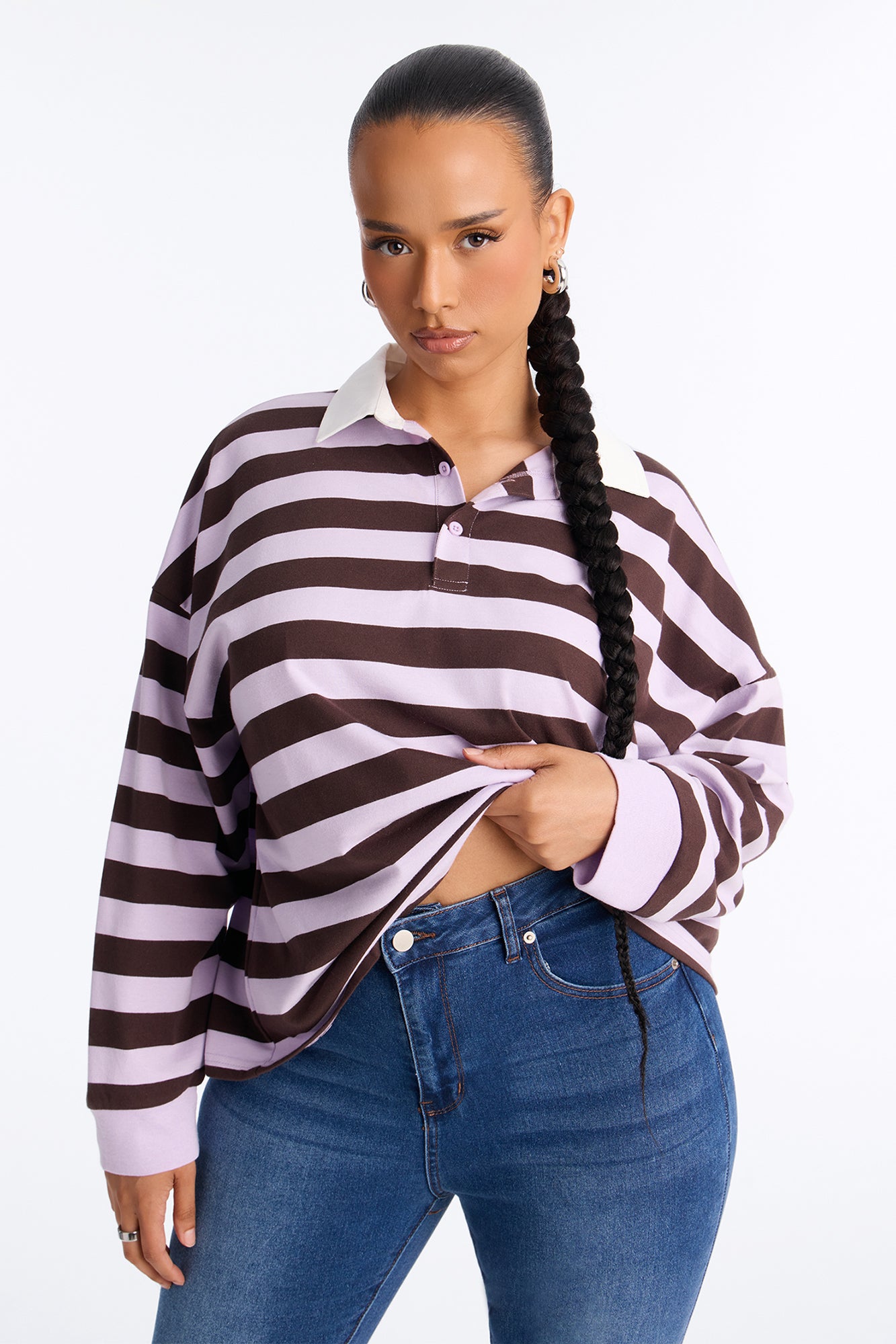 Tara Striped Long Sleeve Polo - Lavender/combo