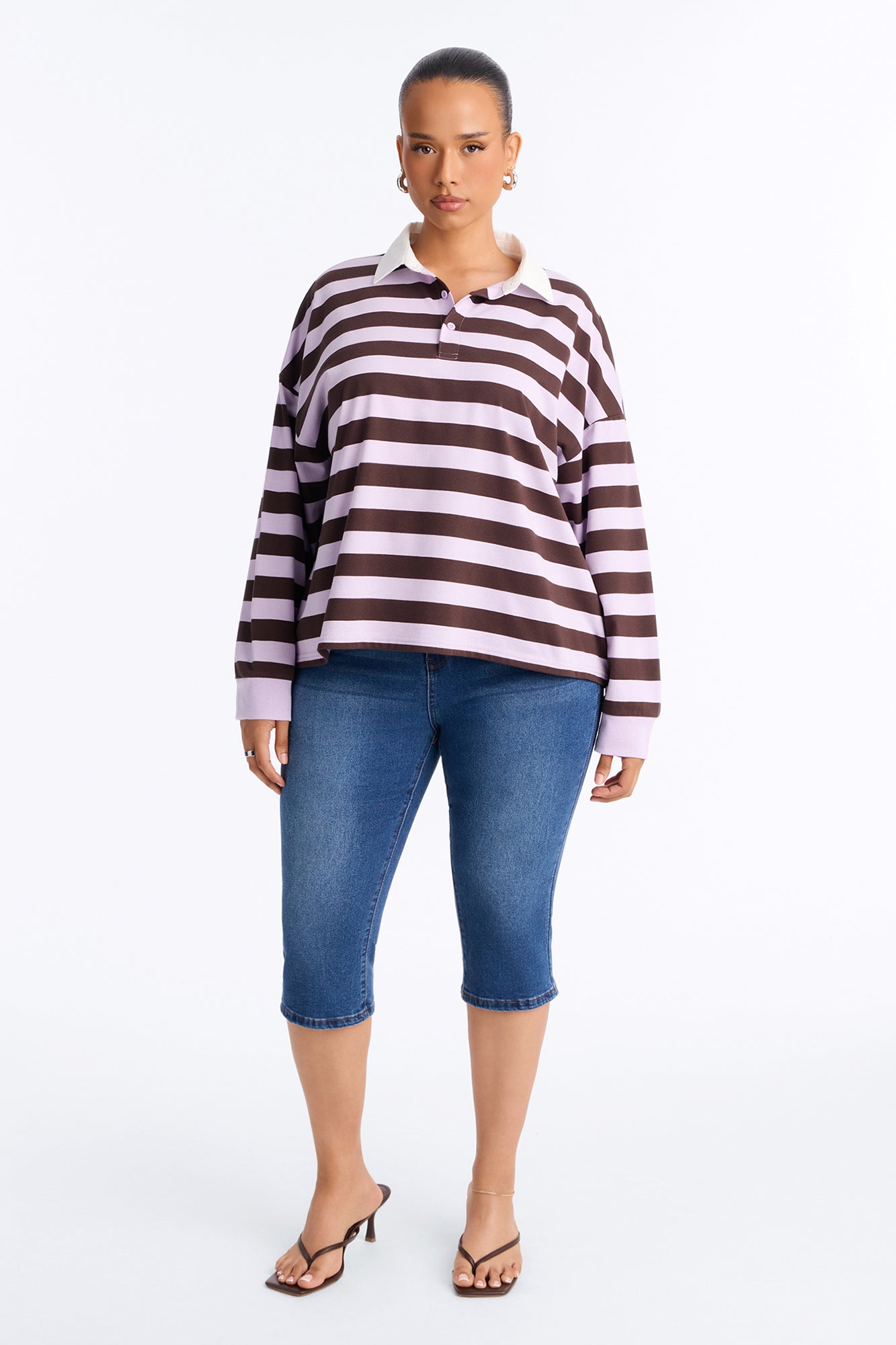 Tara Striped Long Sleeve Polo - Lavender/combo