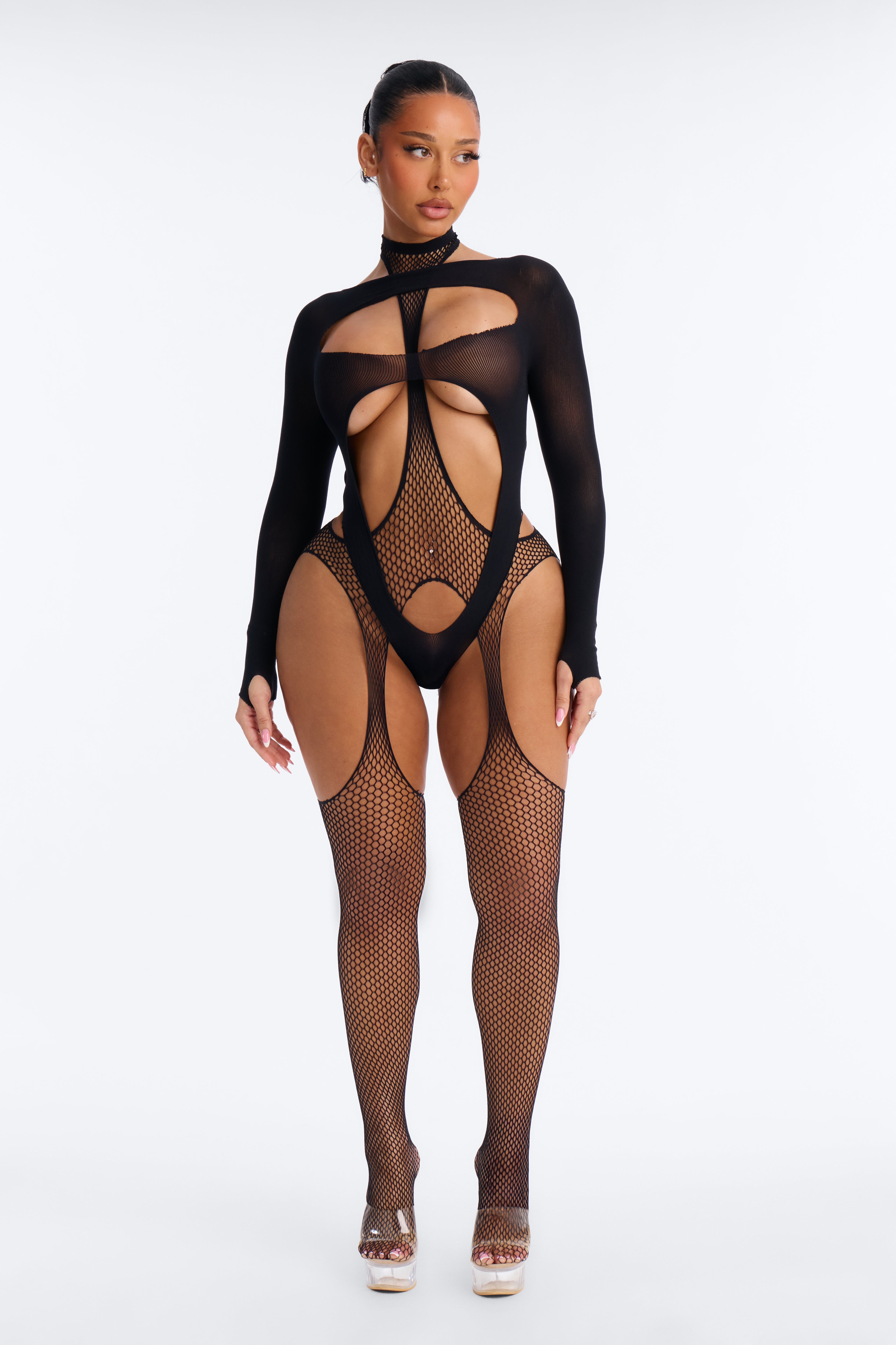 Forbidden Obsession Fishnet Suspenders Cut Out 2 Piece Set - Black