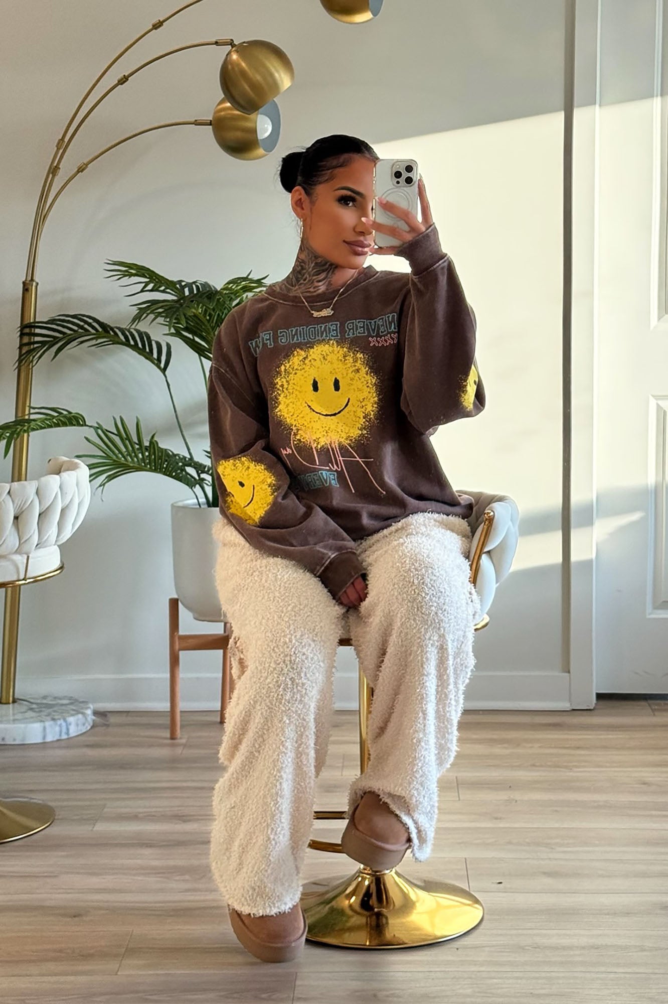 Smiley Face Washed Sweatshirt - Brown Combo