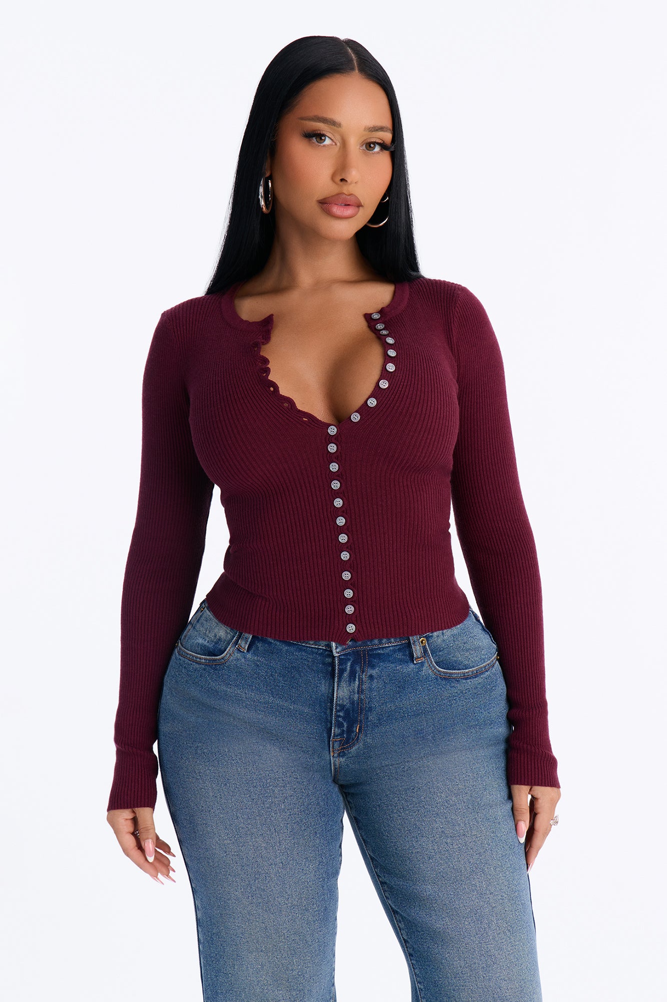 Fall Kiss Fitted Cardigan Sweater - Burgundy