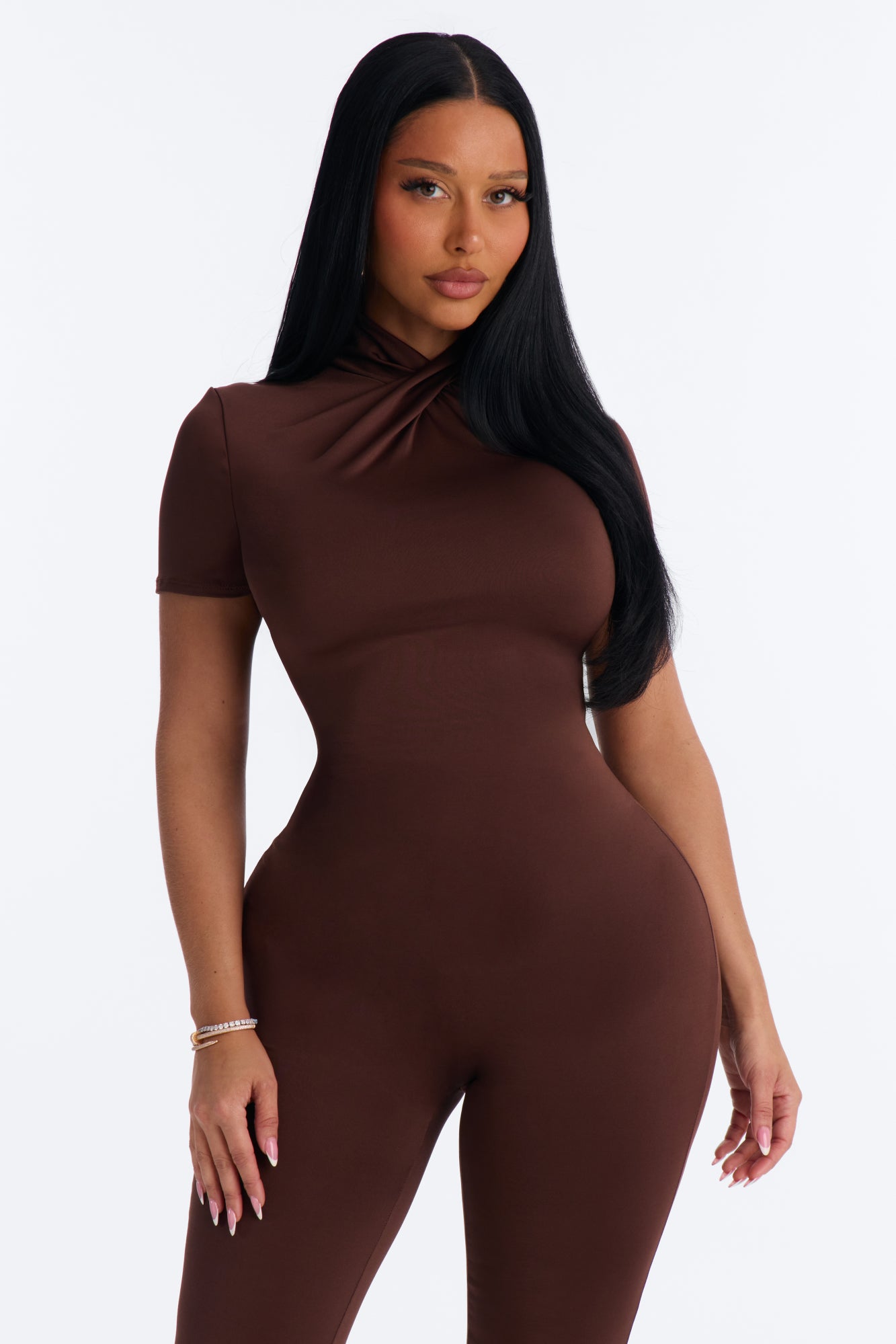 Nina Mock Neck Skinny Jumpsuit - Chocolate