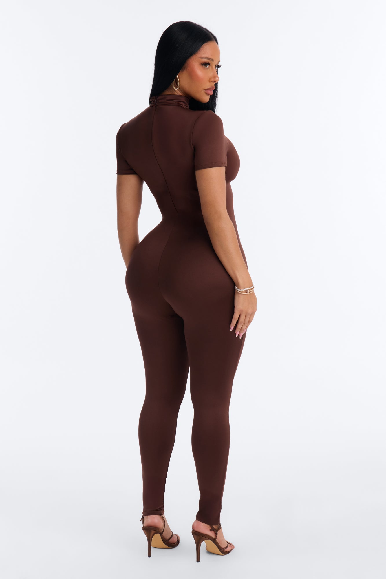 Nina Mock Neck Skinny Jumpsuit - Chocolate