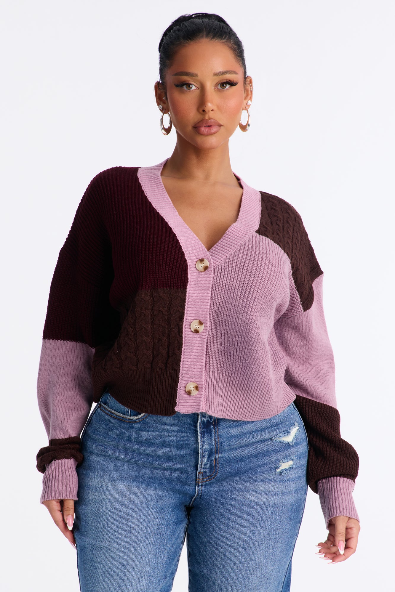 Good Form Cropped Color Block Sweater - Raspberry/Combo