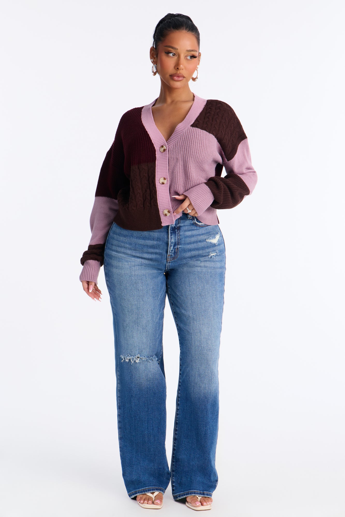 Good Form Cropped Color Block Sweater - Raspberry/Combo