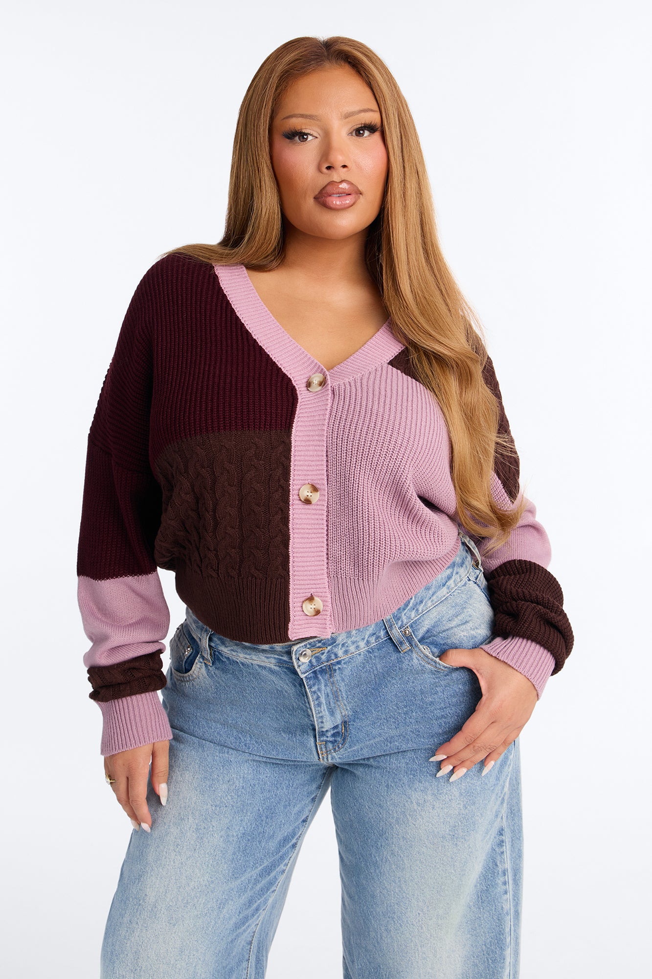 Good Form Cropped Color Block Sweater - Raspberry/Combo