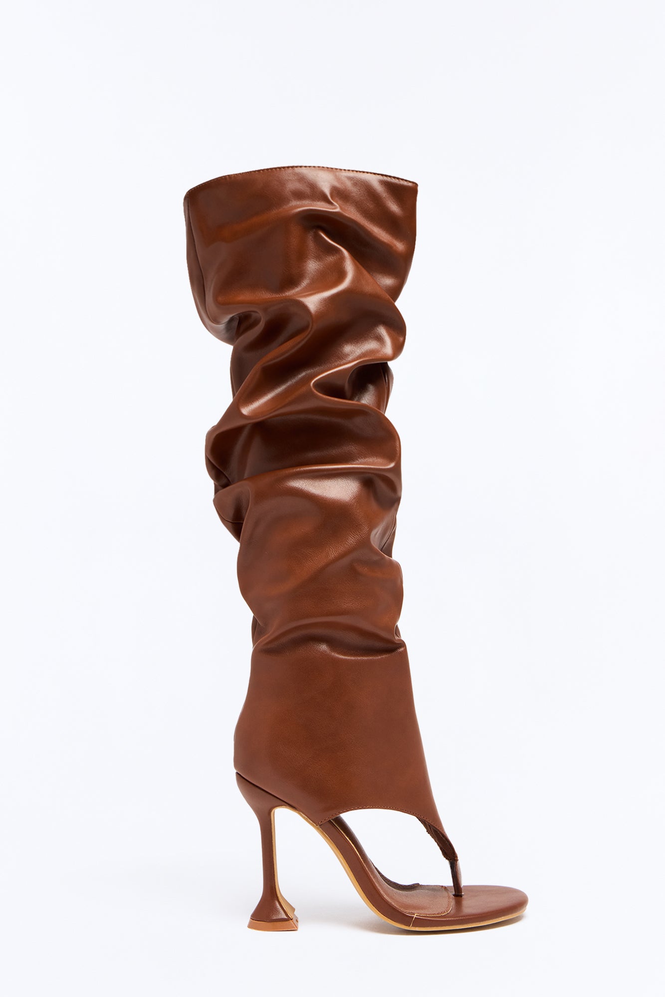 Abelinne Ruched Knee High Thong Boots - Brown