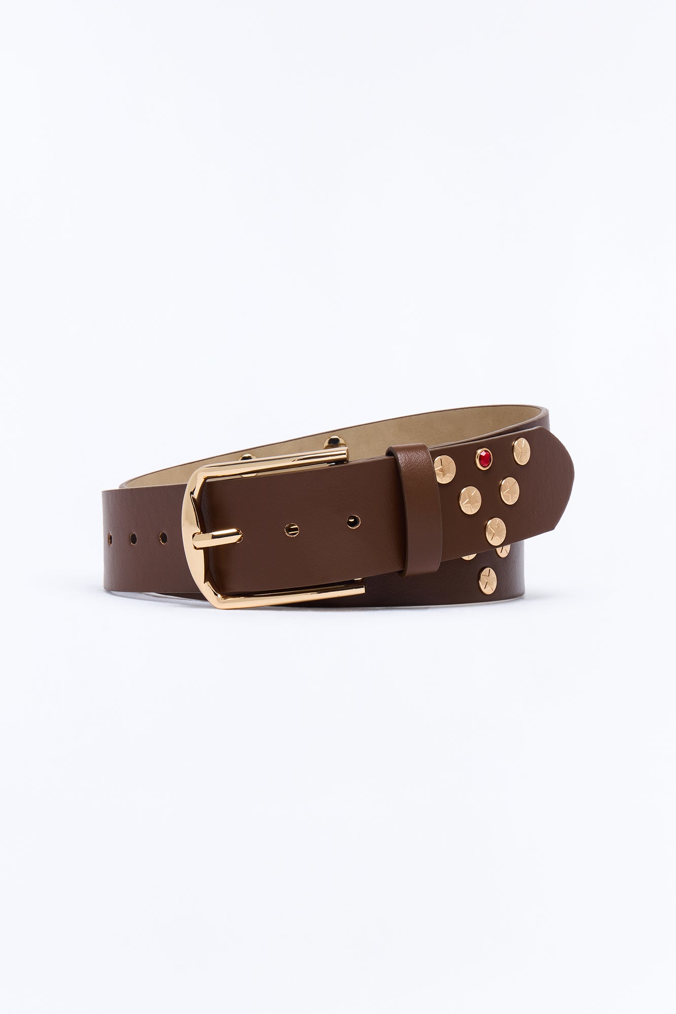 Rockstar Faux Leather Studded Belt - Gold/Brown