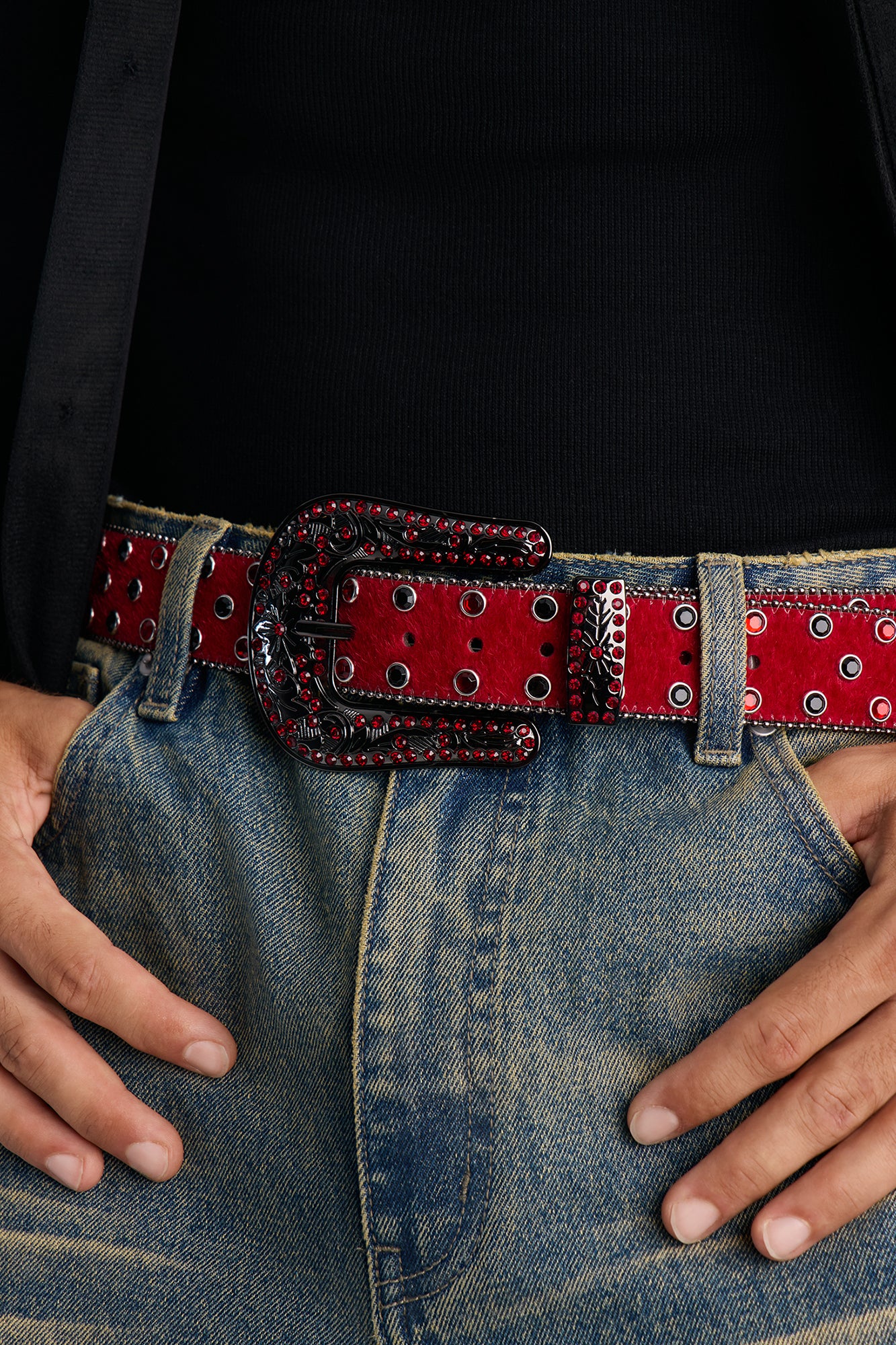 Rhinestone Embellished Faux Pony Hair Western Buckle Belt - Red