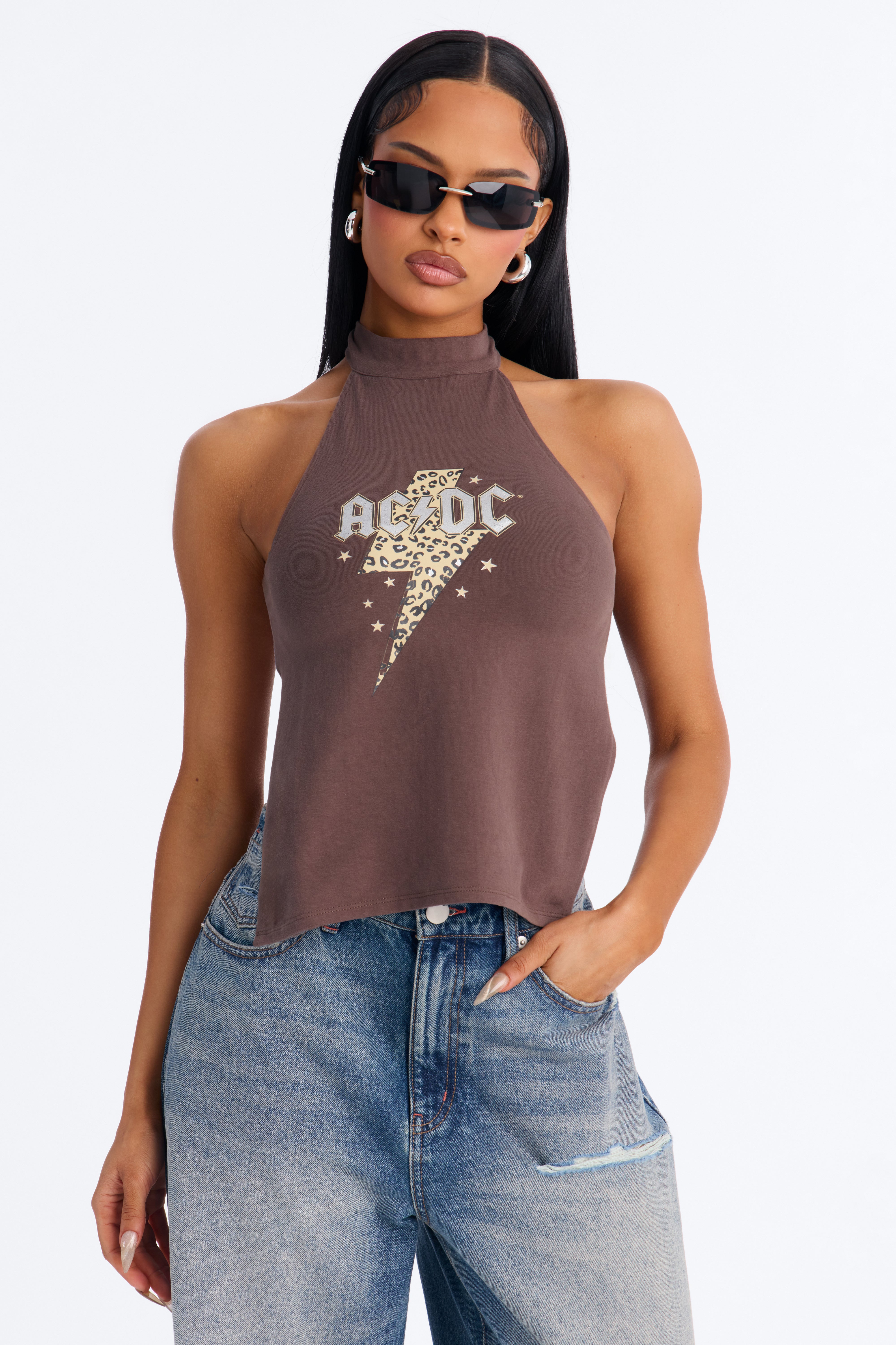 ACDC Mock Neck Backless Halter Top - Chocolate