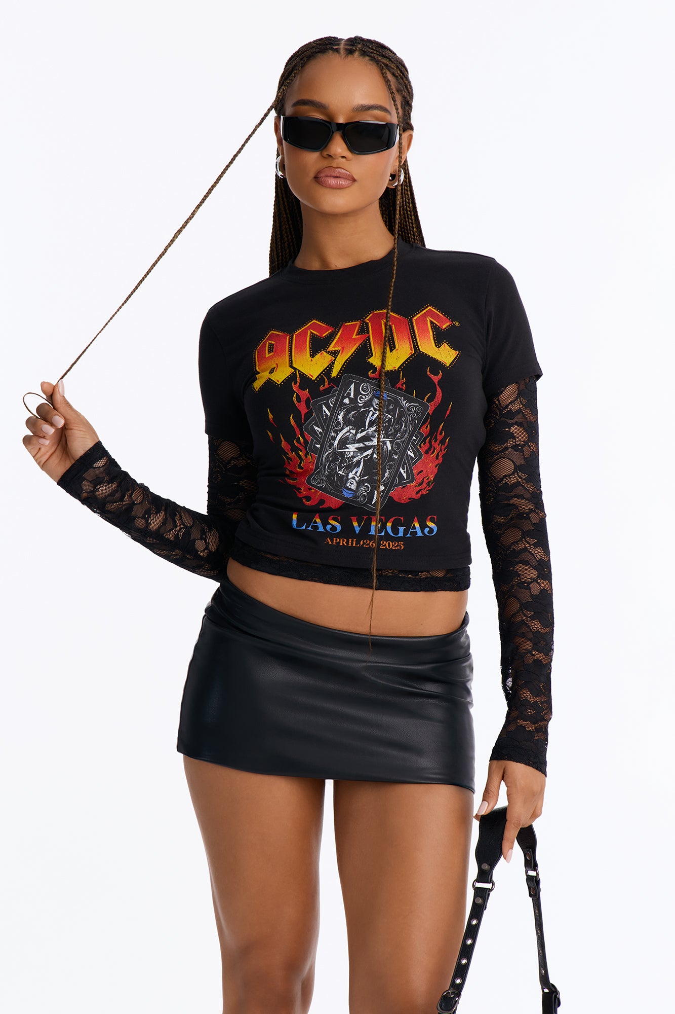 ACDC Live In Vegas Lace 2Fer Baby Tee - Black