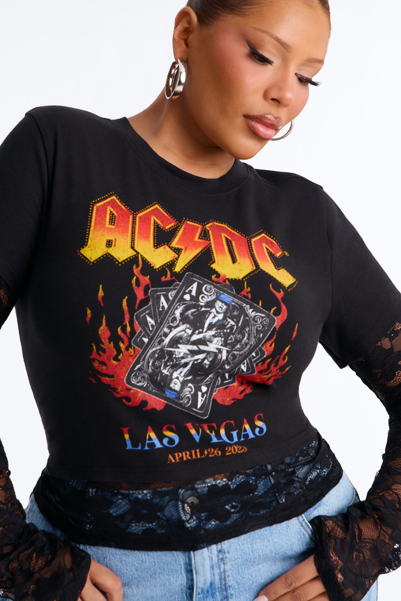 ACDC Live In Vegas Lace 2Fer Baby Tee - Black