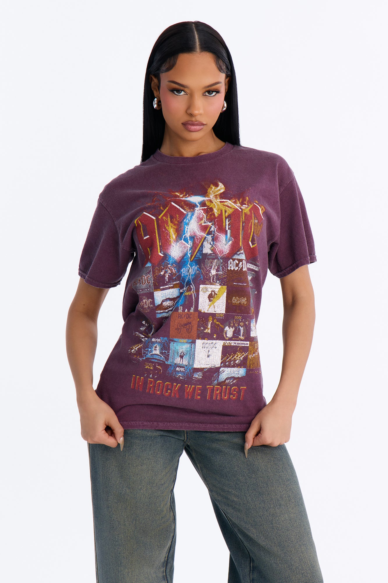 ACDC In Rock We Trust Oversized Tee - Burgundy